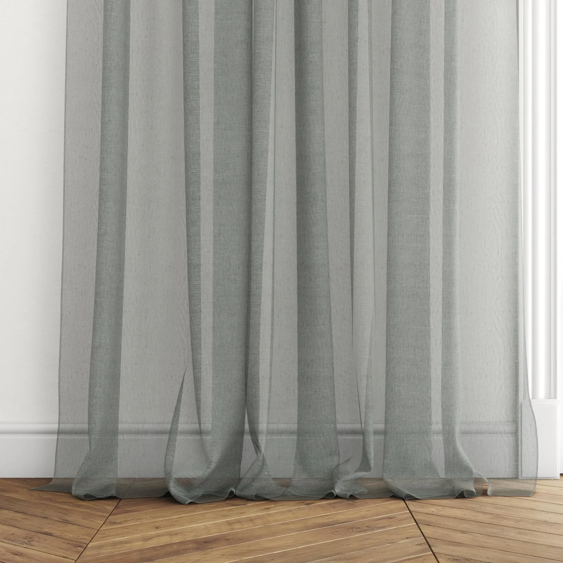 Bottom view of Rhyme Onyx, puddled with pinch pleat, on curtain rod