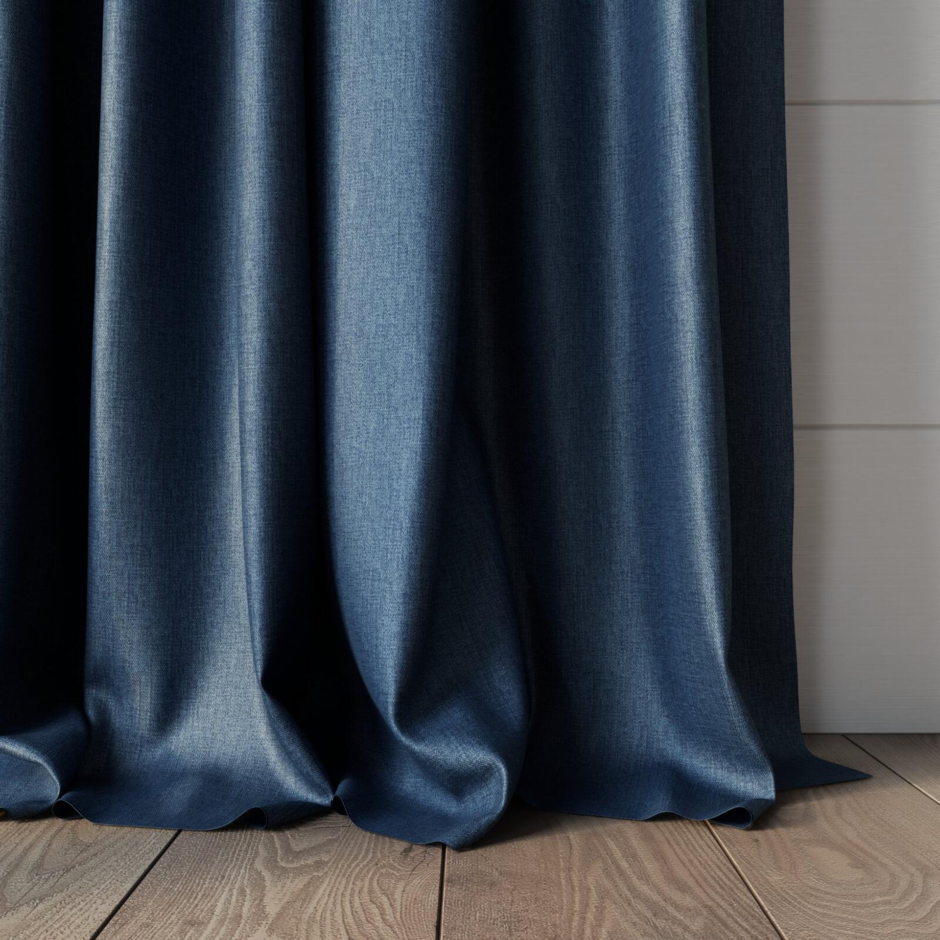Bottom view of Matrix Denim, puddled, on curtain rod