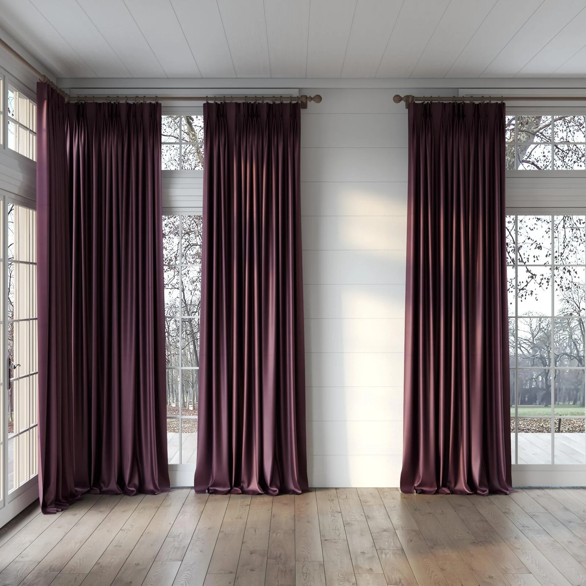 Full view of Warlock Aubergine, puddled, on curtain rod