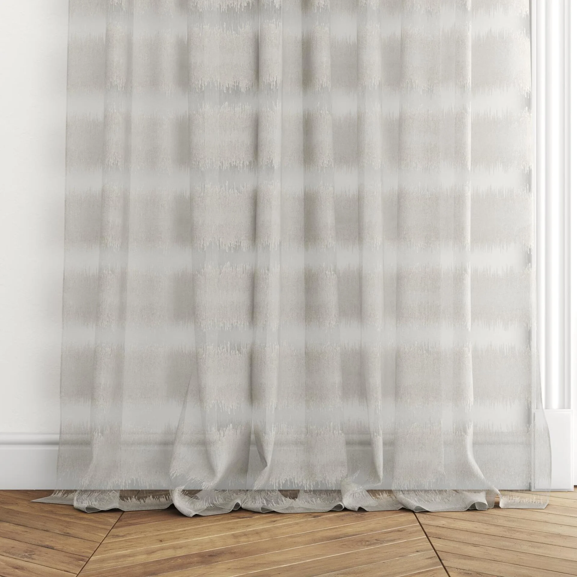 Bottom view of Speed Dune, puddled with pinch pleat, on curtain rod