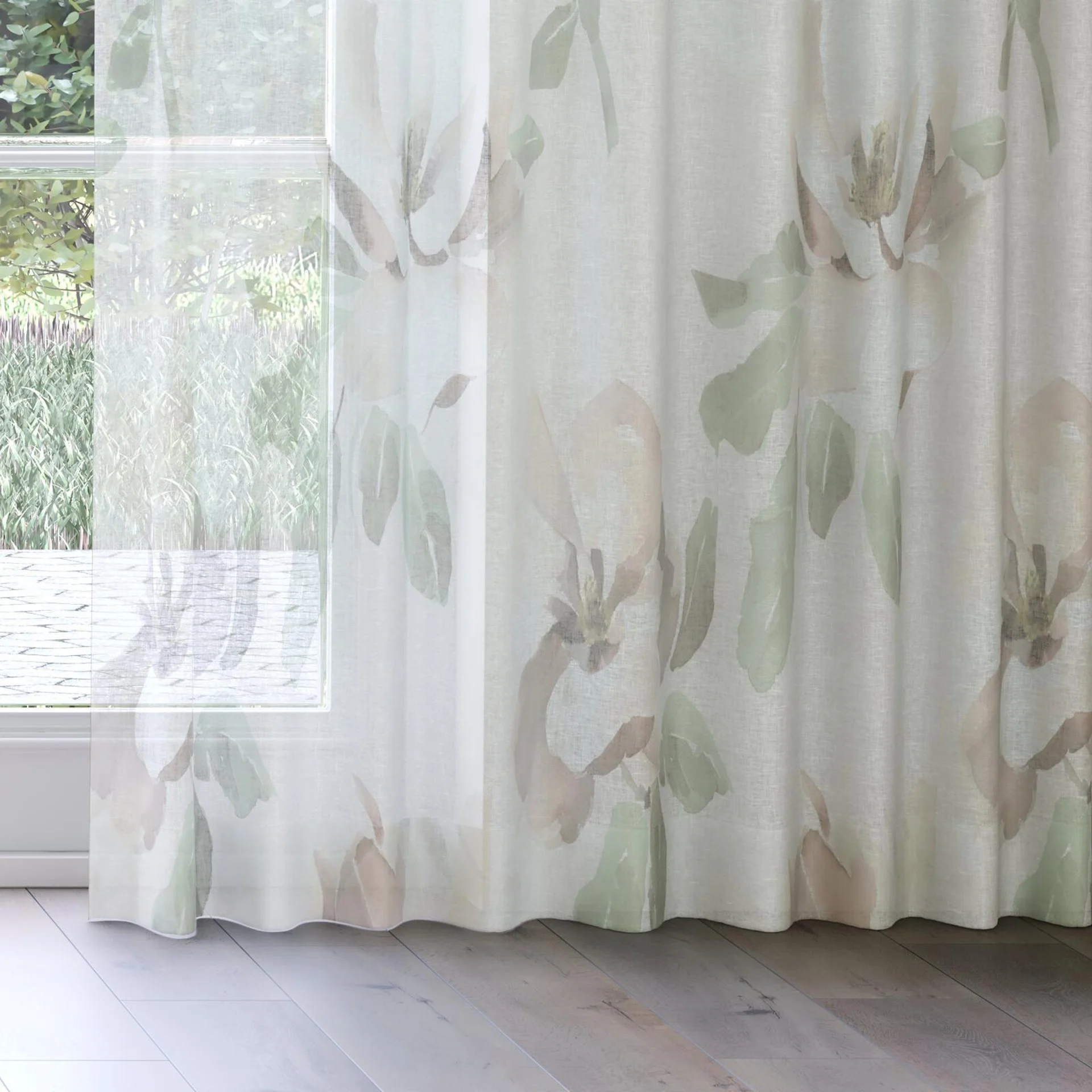 Bottom view of Magnolia Grande Sheer Musk, on curtain rail