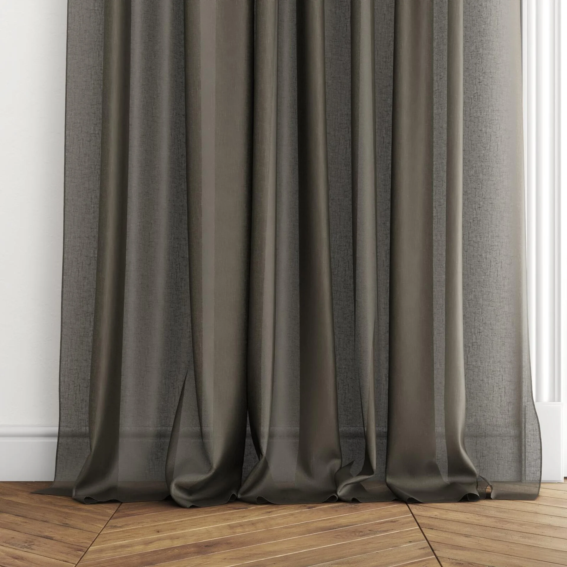 Bottom view of Reverie Basalt, puddled with pinch pleat, on curtain rod