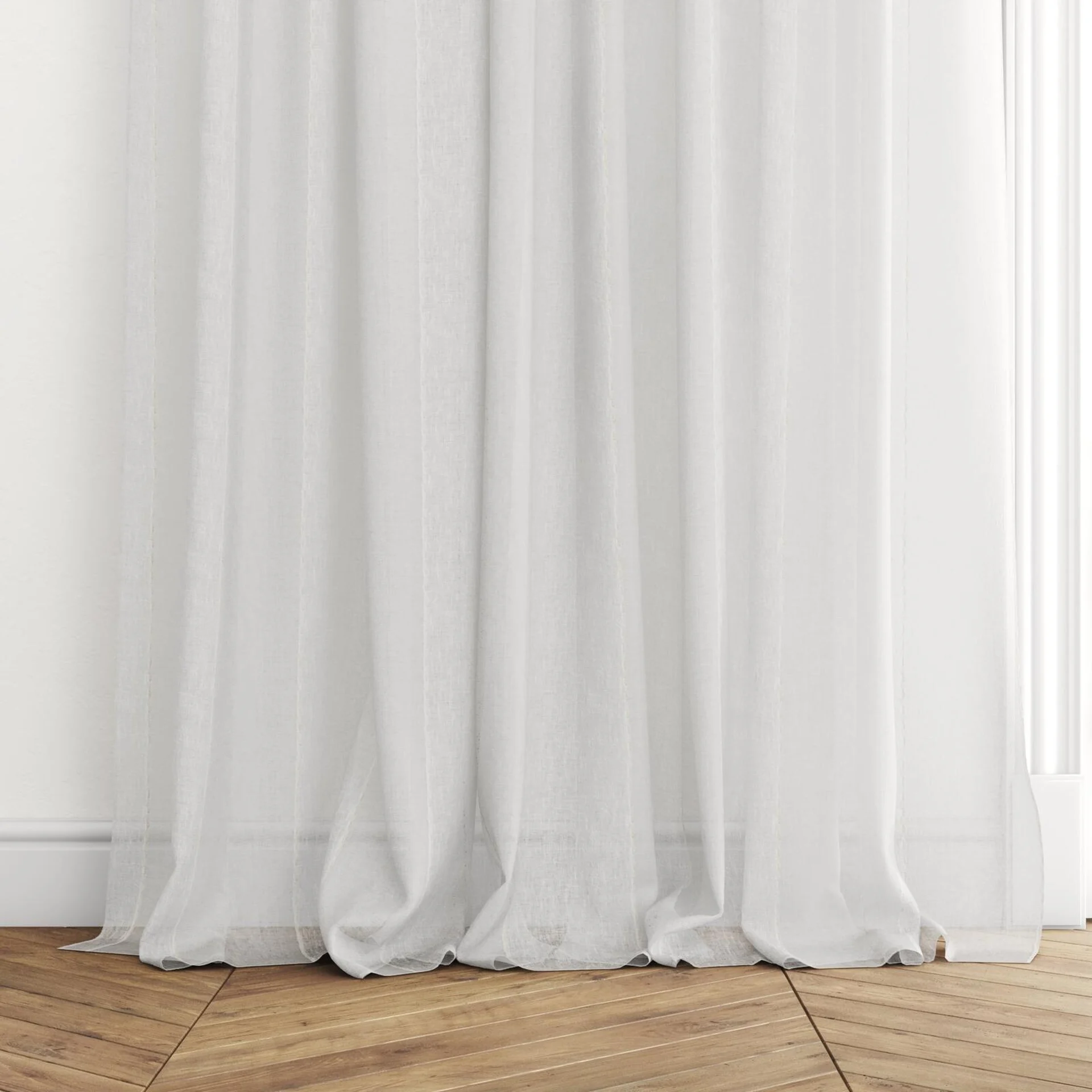 Bottom view of Zanella Snow, puddled with pinch pleat, on curtain rod