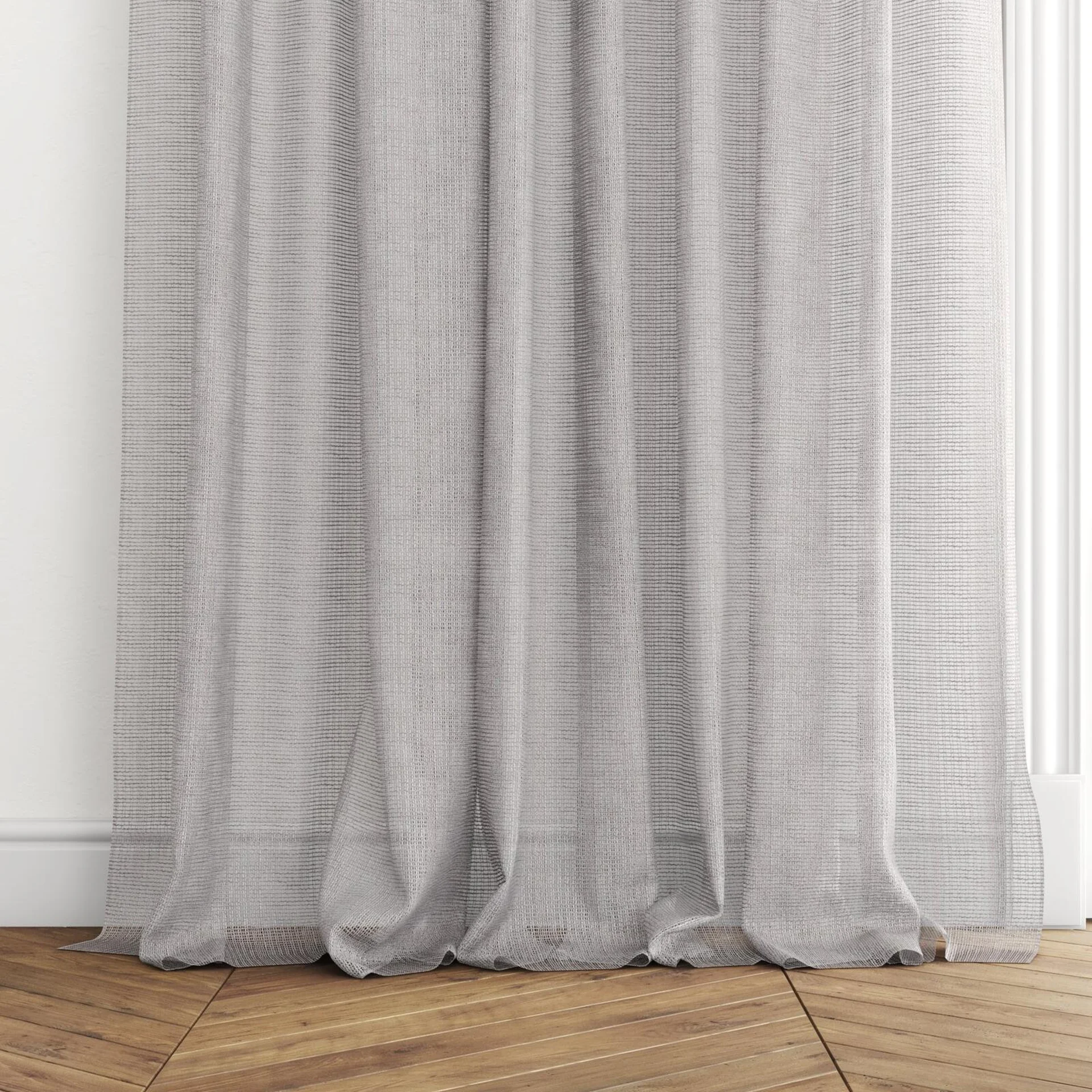 Bottom view of Jabberwocky Parma, puddled with pinch pleat, on curtain rod