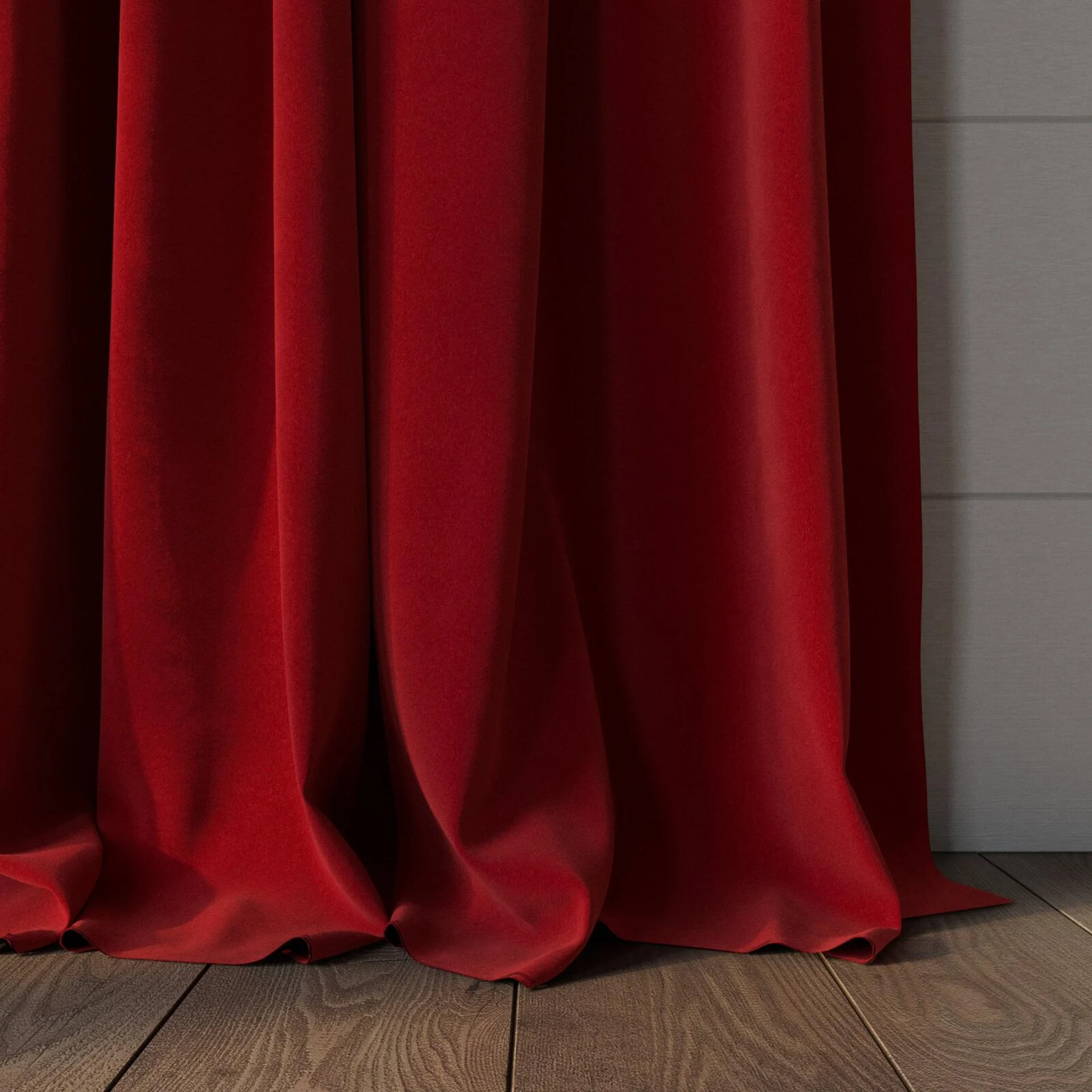Bottom view of Verbier Scarlet, puddled, on curtain rod