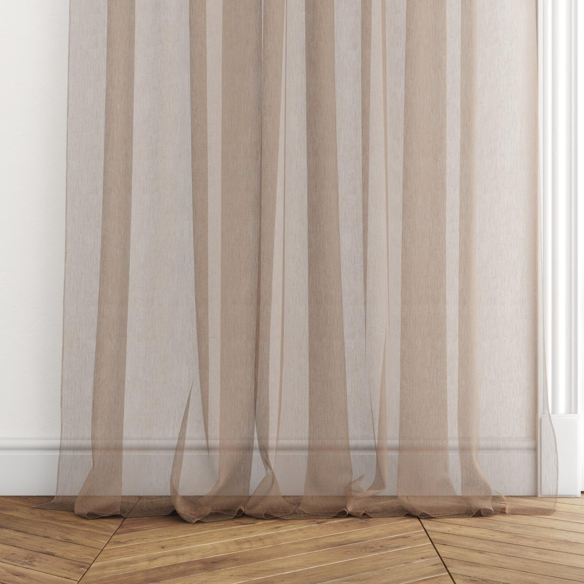 Bottom view of Makai (JDG) Copper, puddled with pinch pleat, on curtain rod