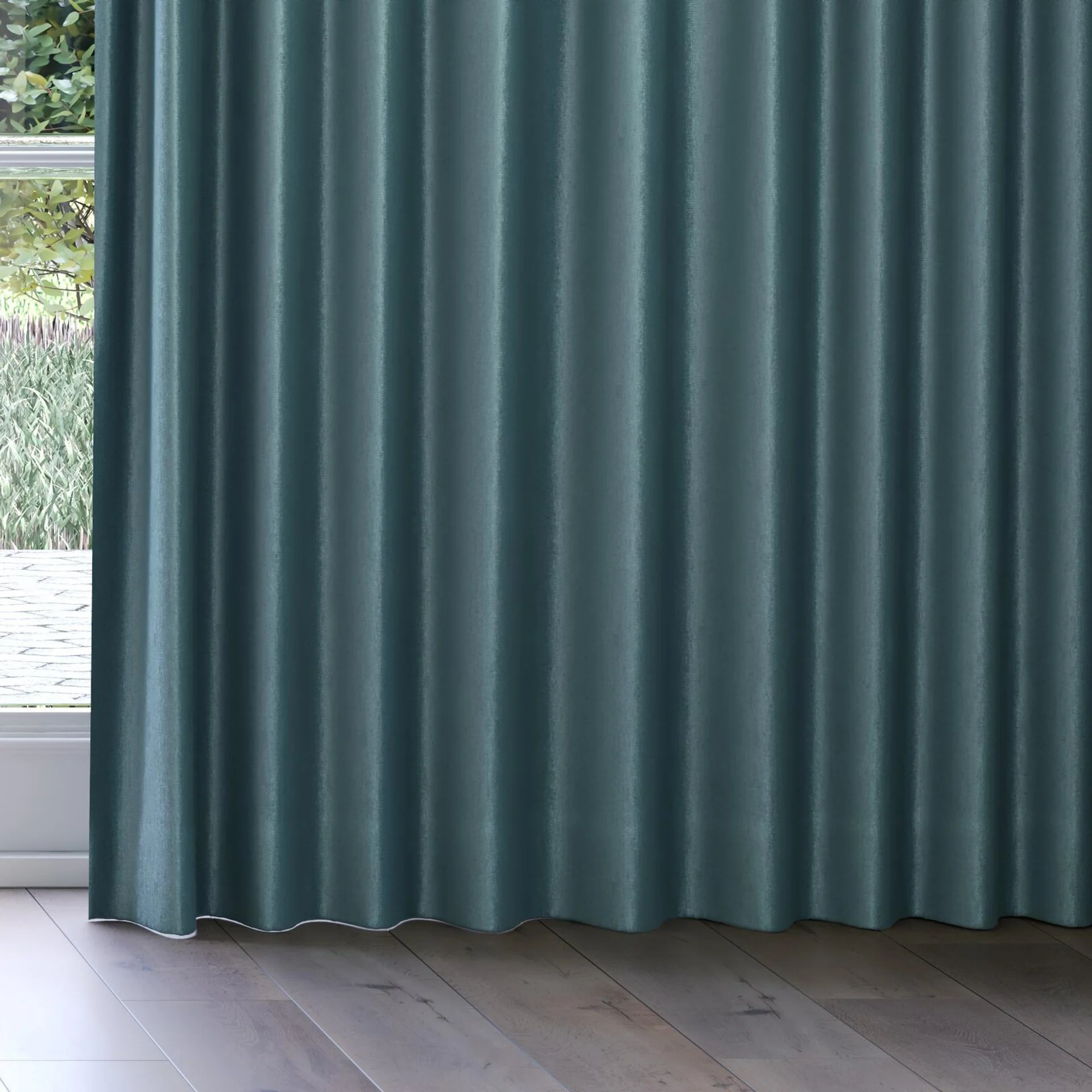 Bottom view of Recharge Teal, on curtain rail