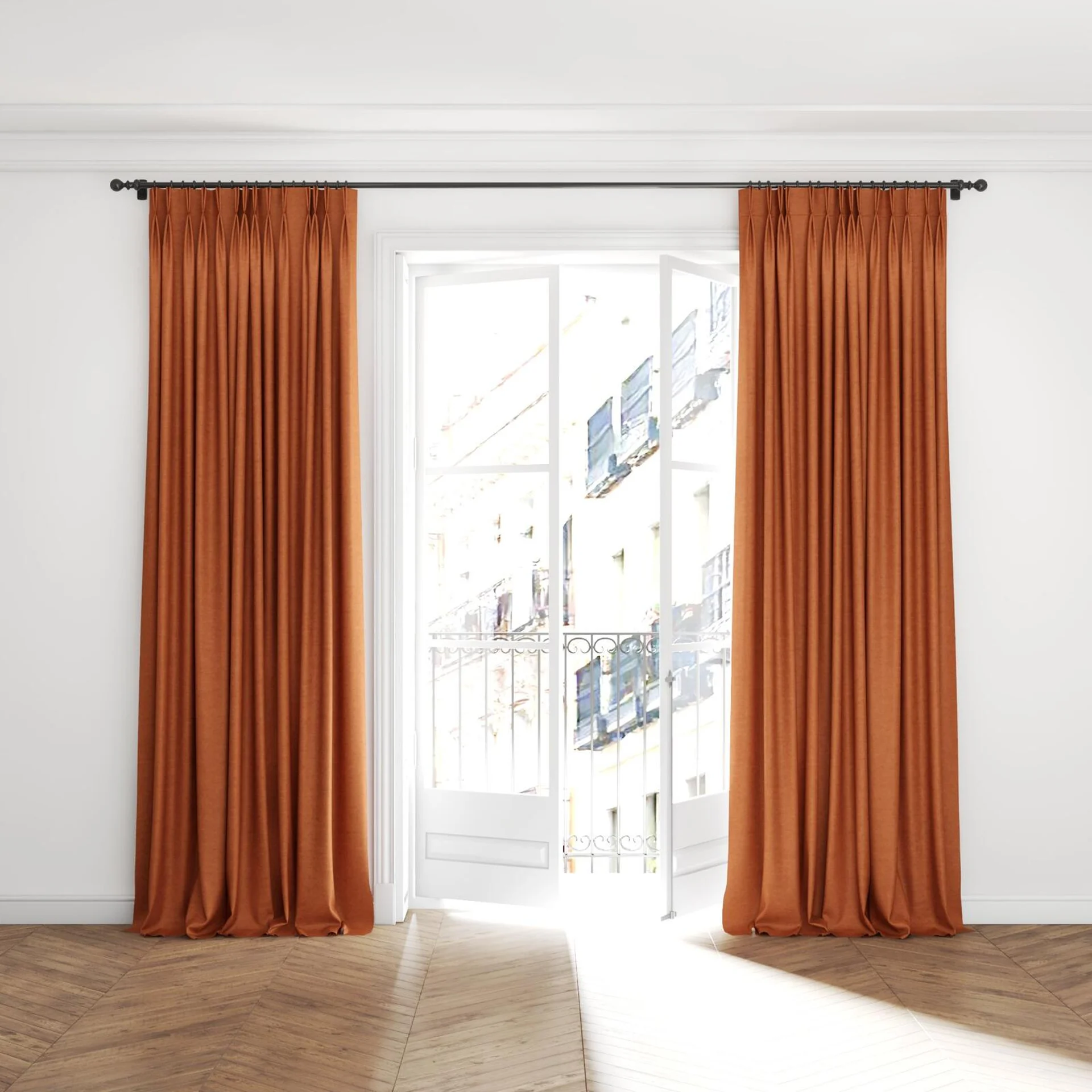 Full view of Colourwash Sienna, puddled with pinch pleat, on curtain rod