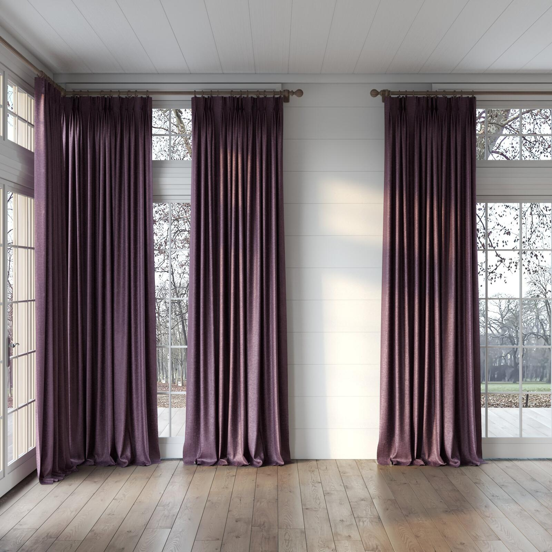 Full view of Hug Grape, puddled, on curtain rod