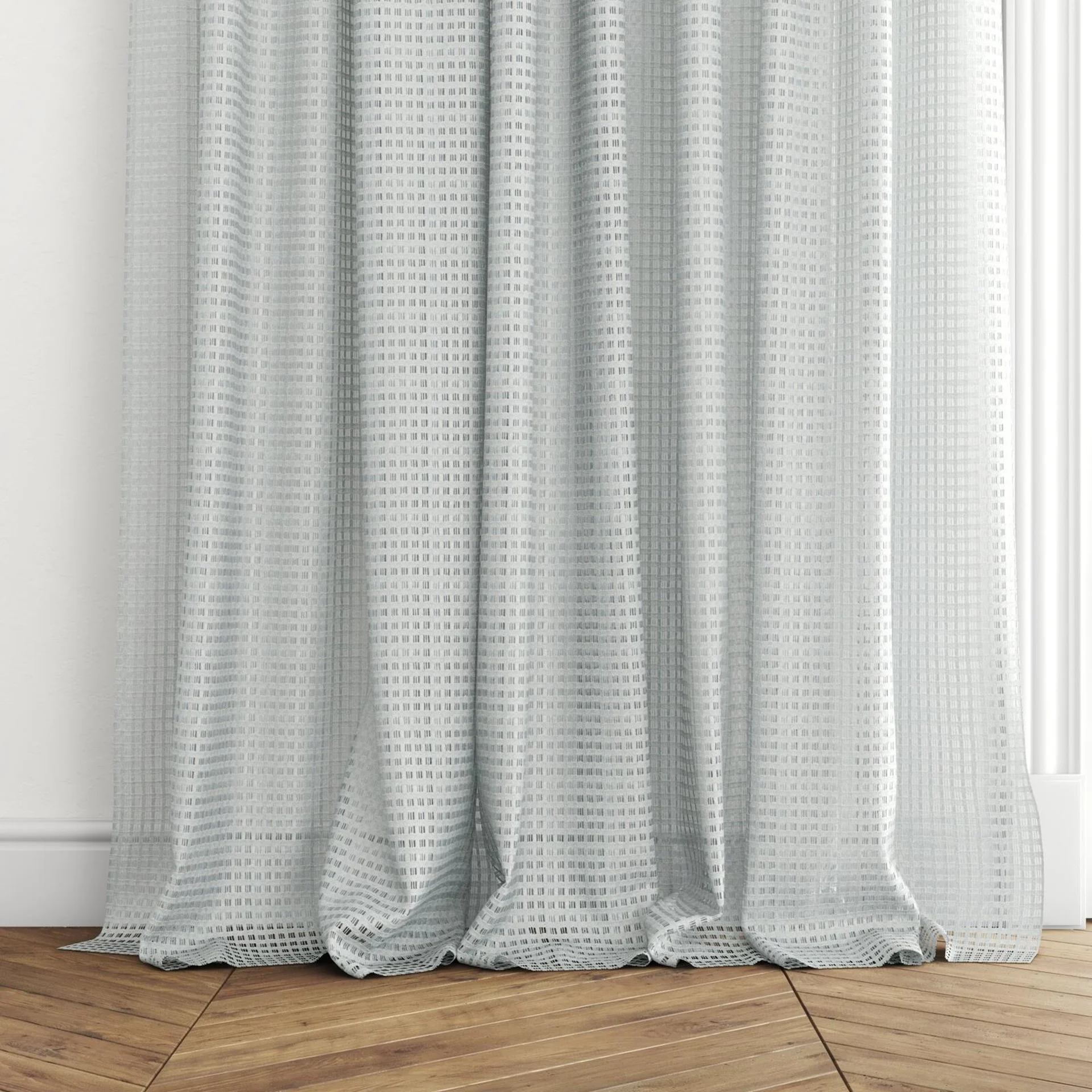 Bottom view of Bryce Fog, puddled with pinch pleat, on curtain rod