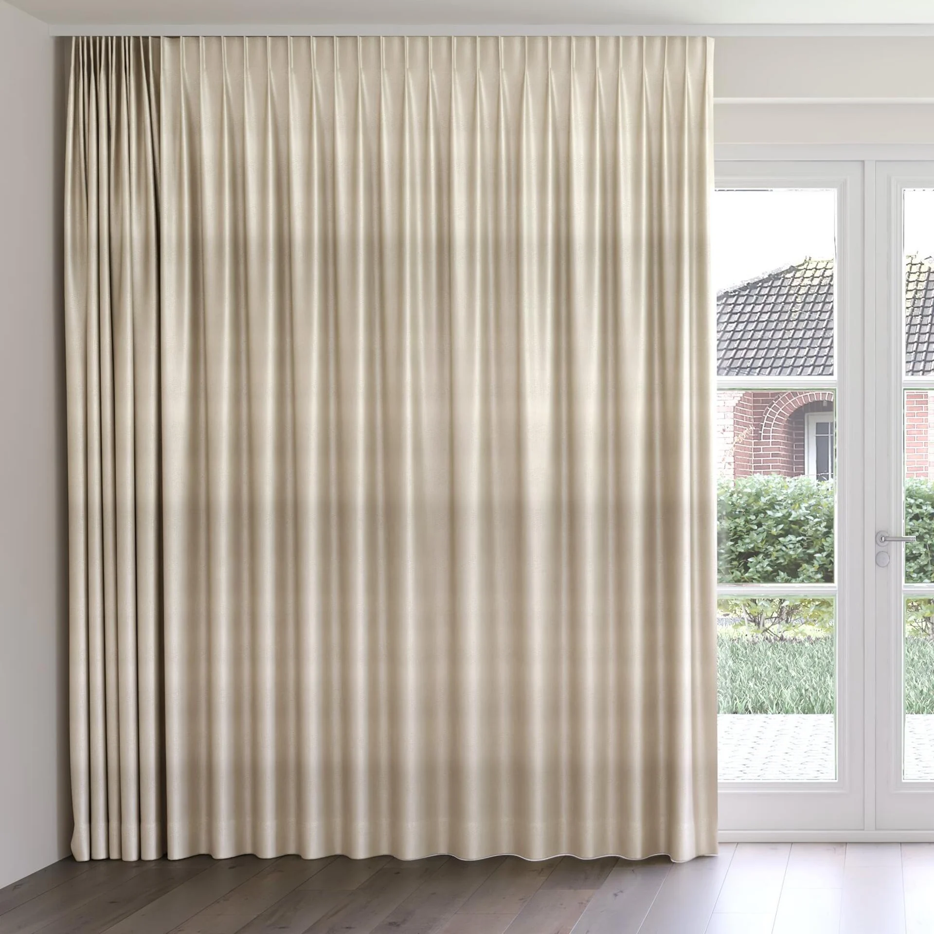 Front view of Glint Beige, on curtain rail