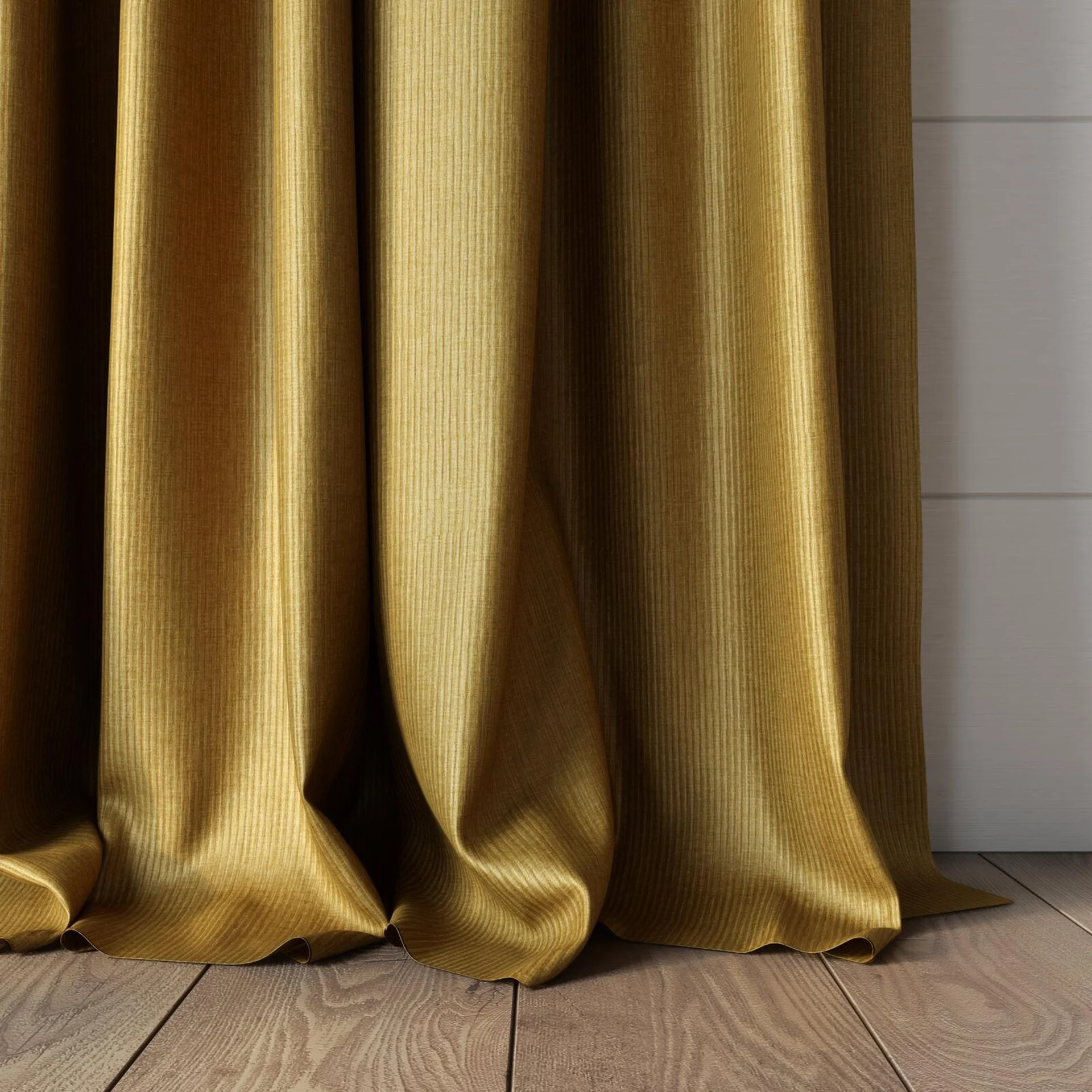 Bottom view of Hombre Gold, puddled, on curtain rod