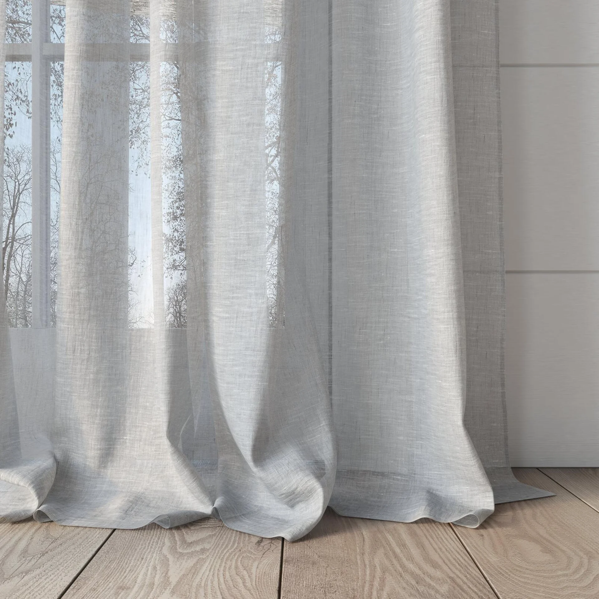 Bottom view of Lino Fog, puddled, on curtain rod