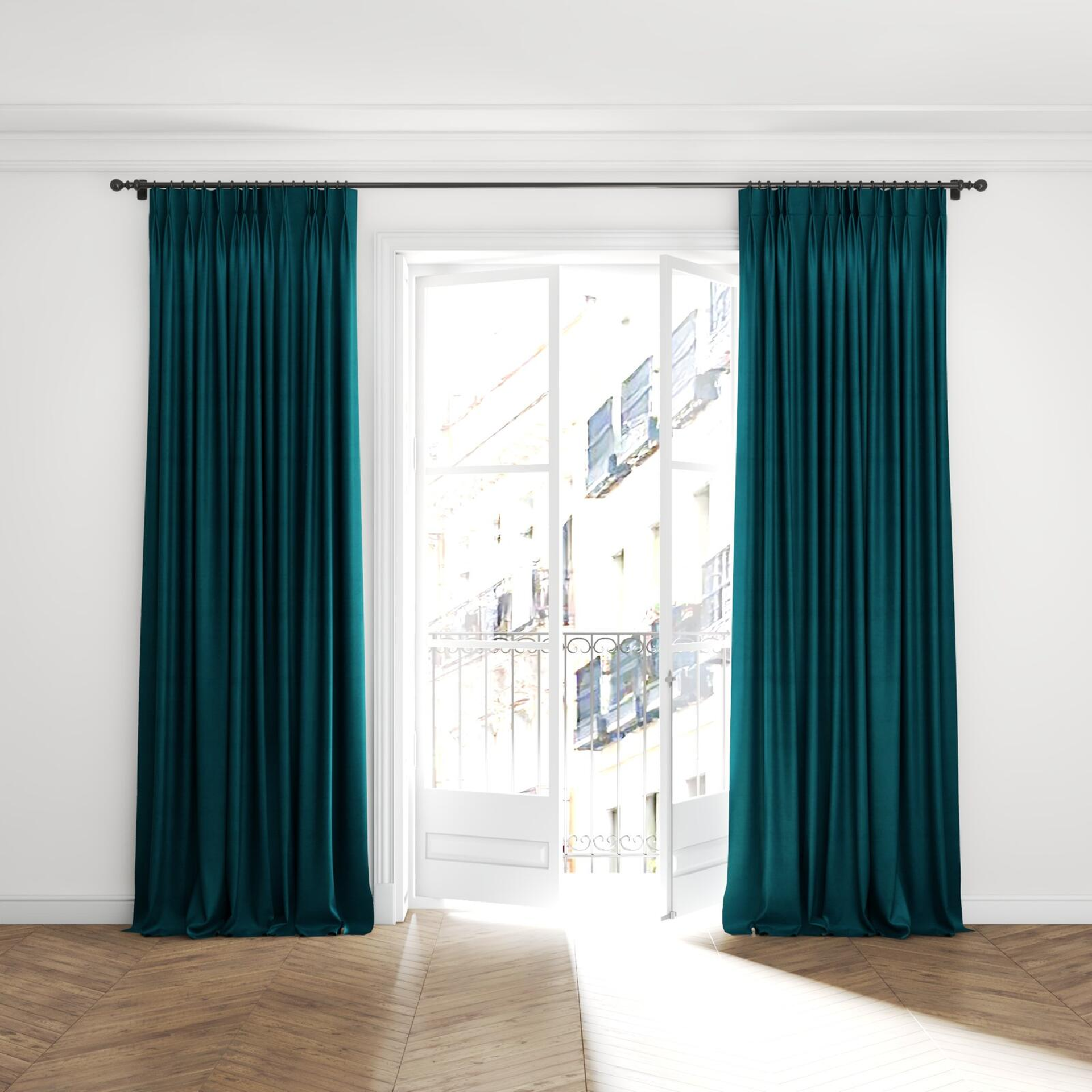 Full view of Baron Emerald, puddled with pinch pleat, on curtain rod