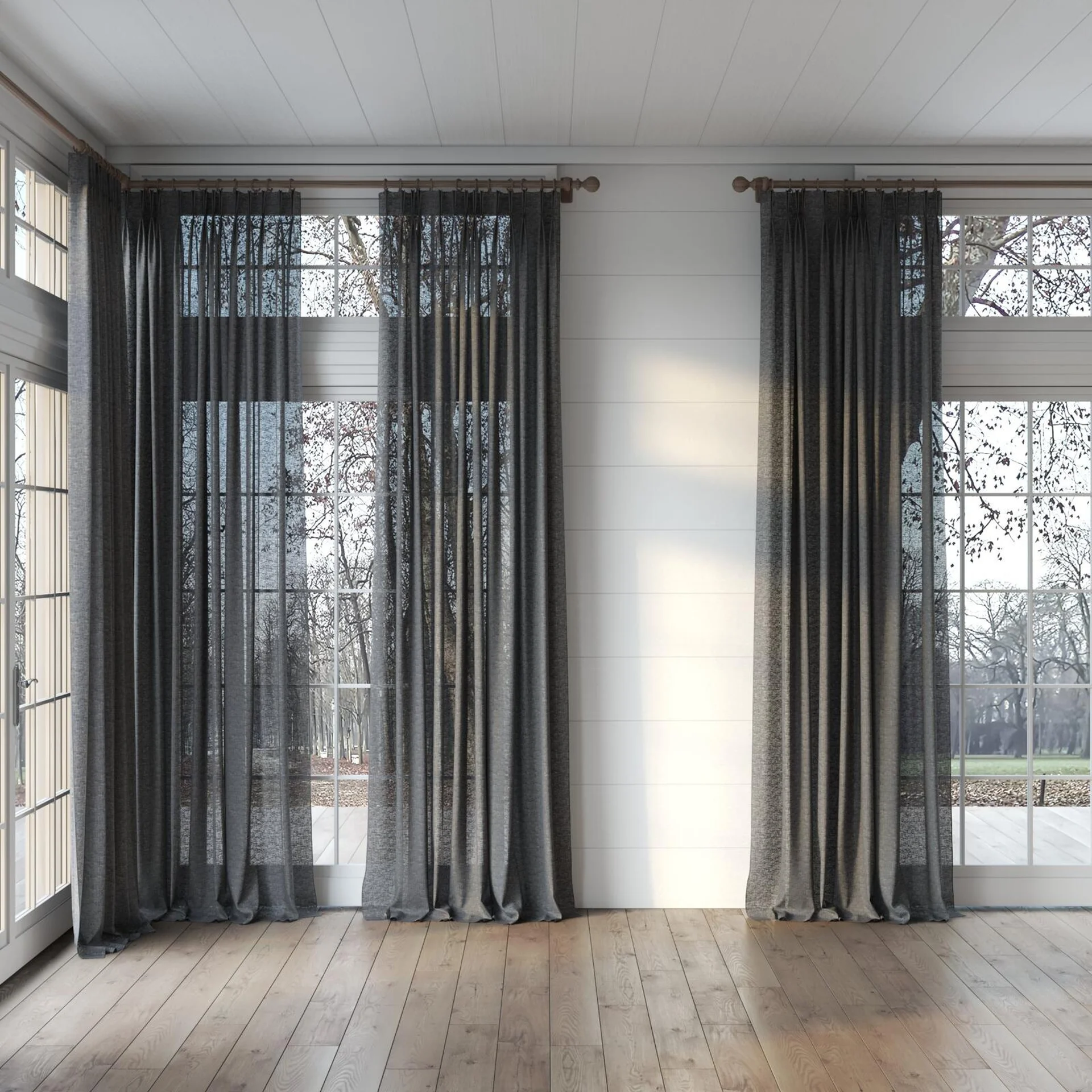 Full view of Shoji Charcoal, puddled, on curtain rod