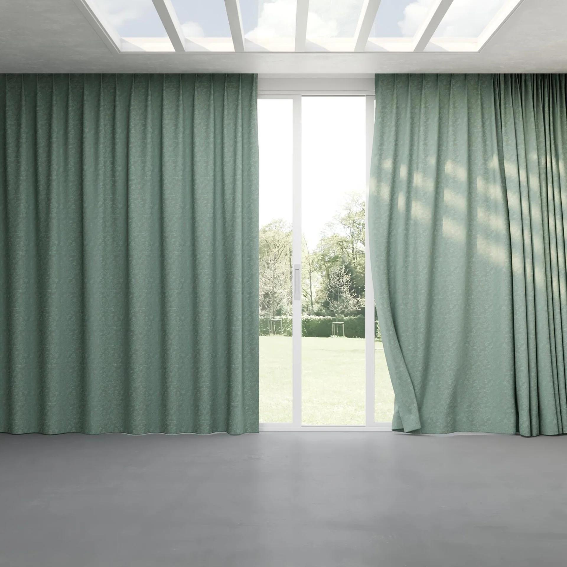 Full view of Objet Teal, pinch pleat