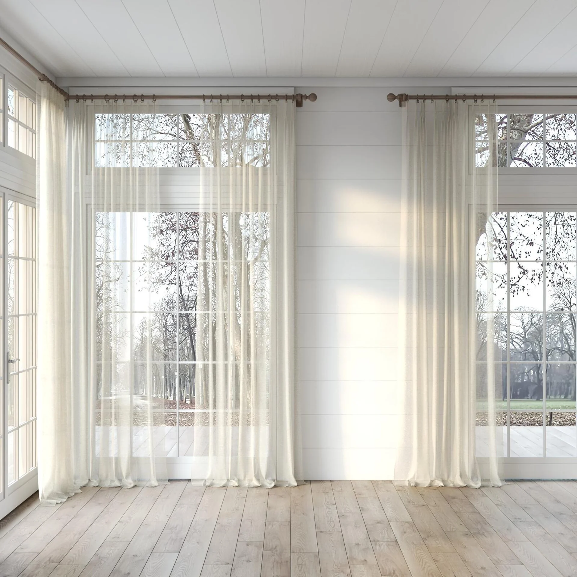 Full view of Pure Linen Putty, puddled, on curtain rod