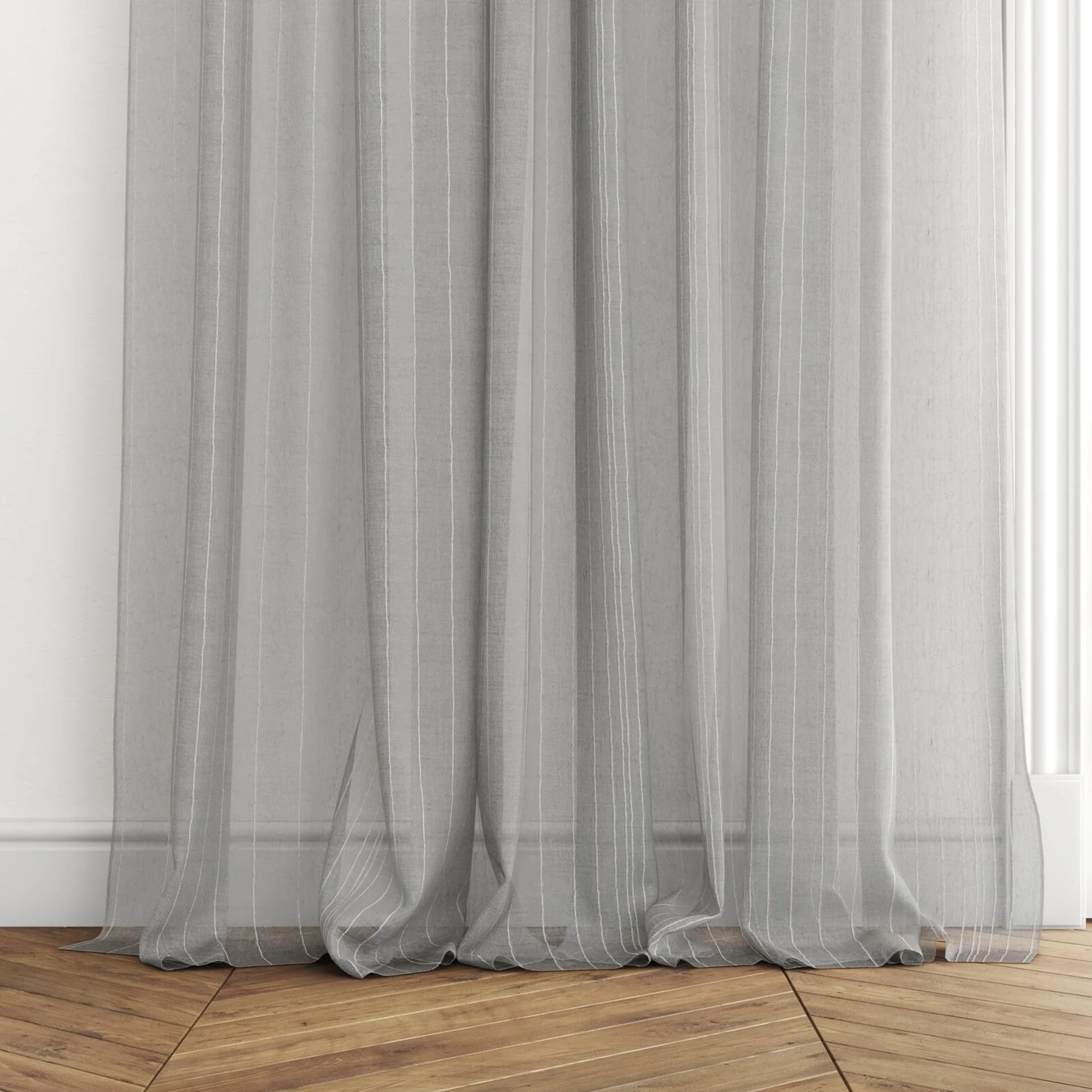 Bottom view of Mira Shadow, puddled with pinch pleat, on curtain rod