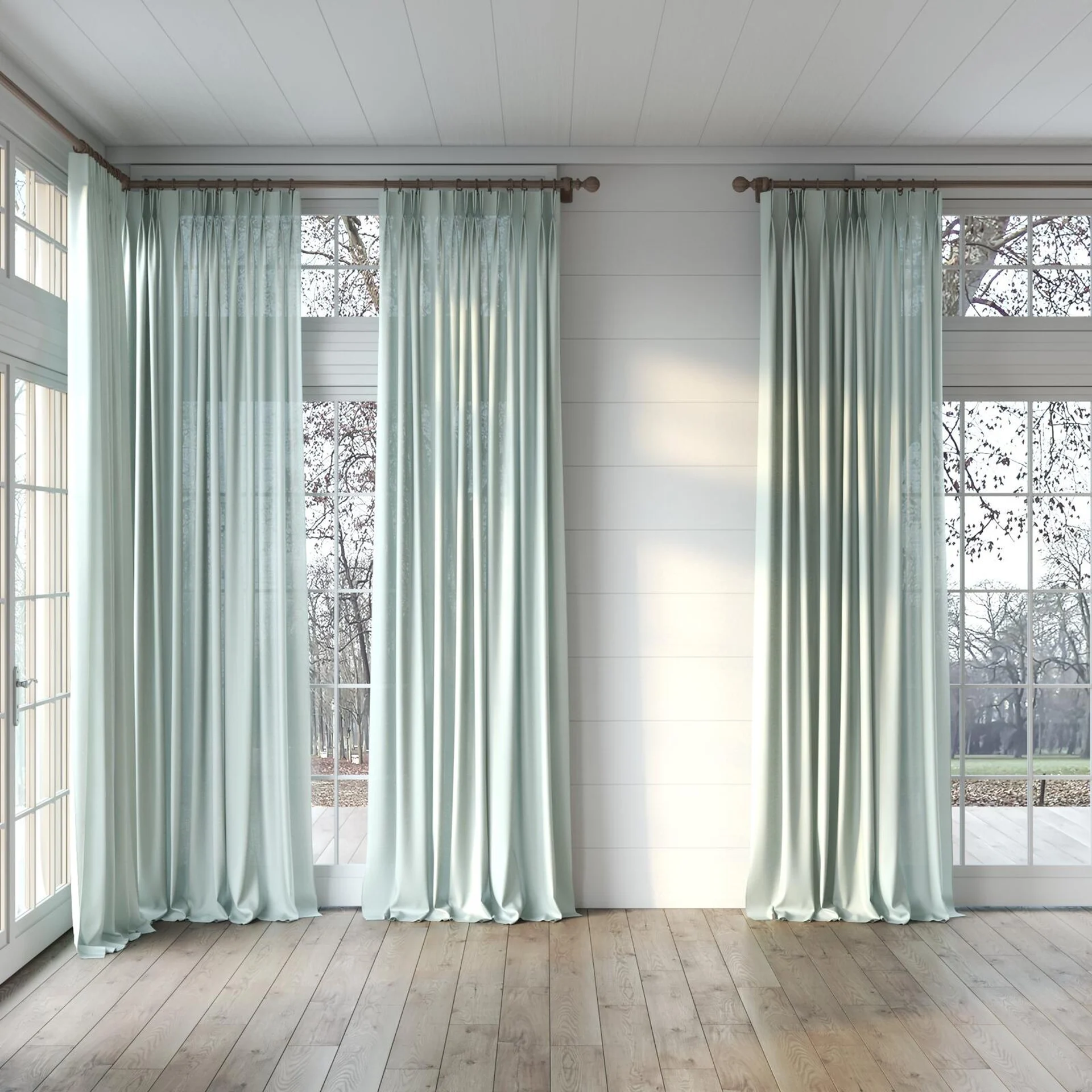 Full view of Kite Pine, puddled, on curtain rod