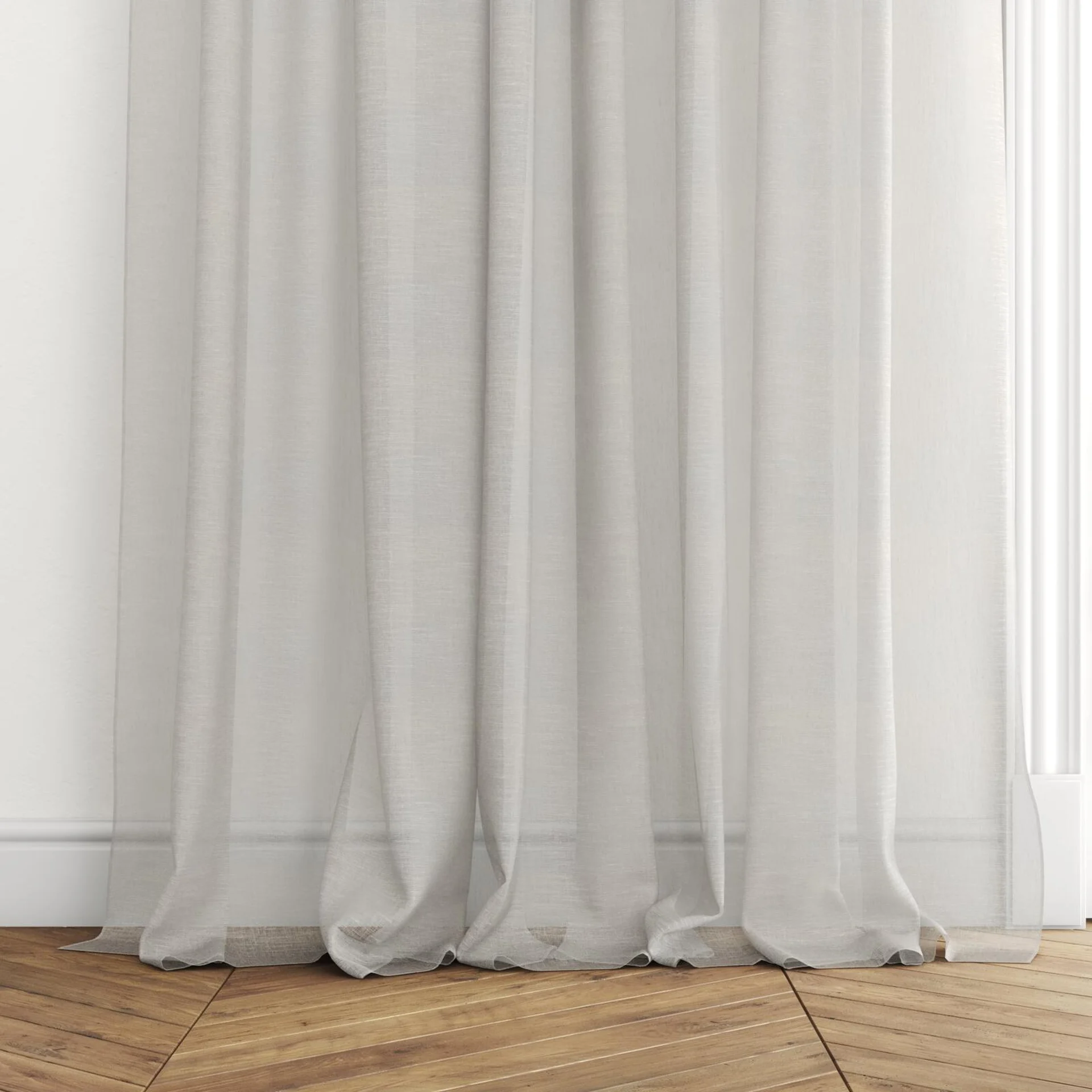 Bottom view of Natura Recycled Sand, puddled with pinch pleat, on curtain rod