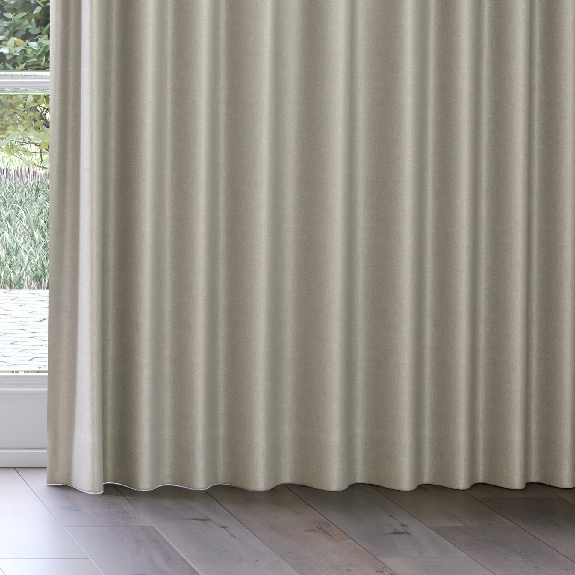 Bottom view of Matrix FR Twill, on curtain rail