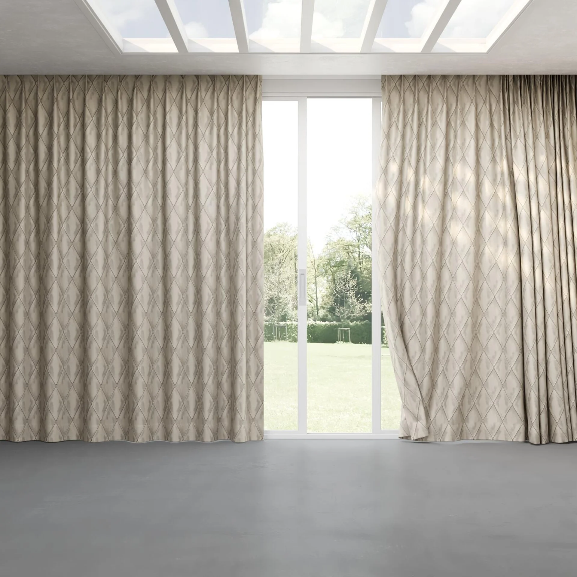 Full view of Deity Sand, pinch pleat