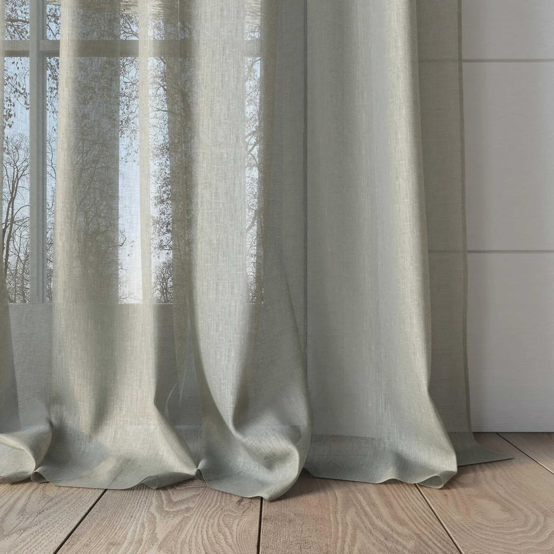Bottom view of Reverie Celadon, puddled, on curtain rod