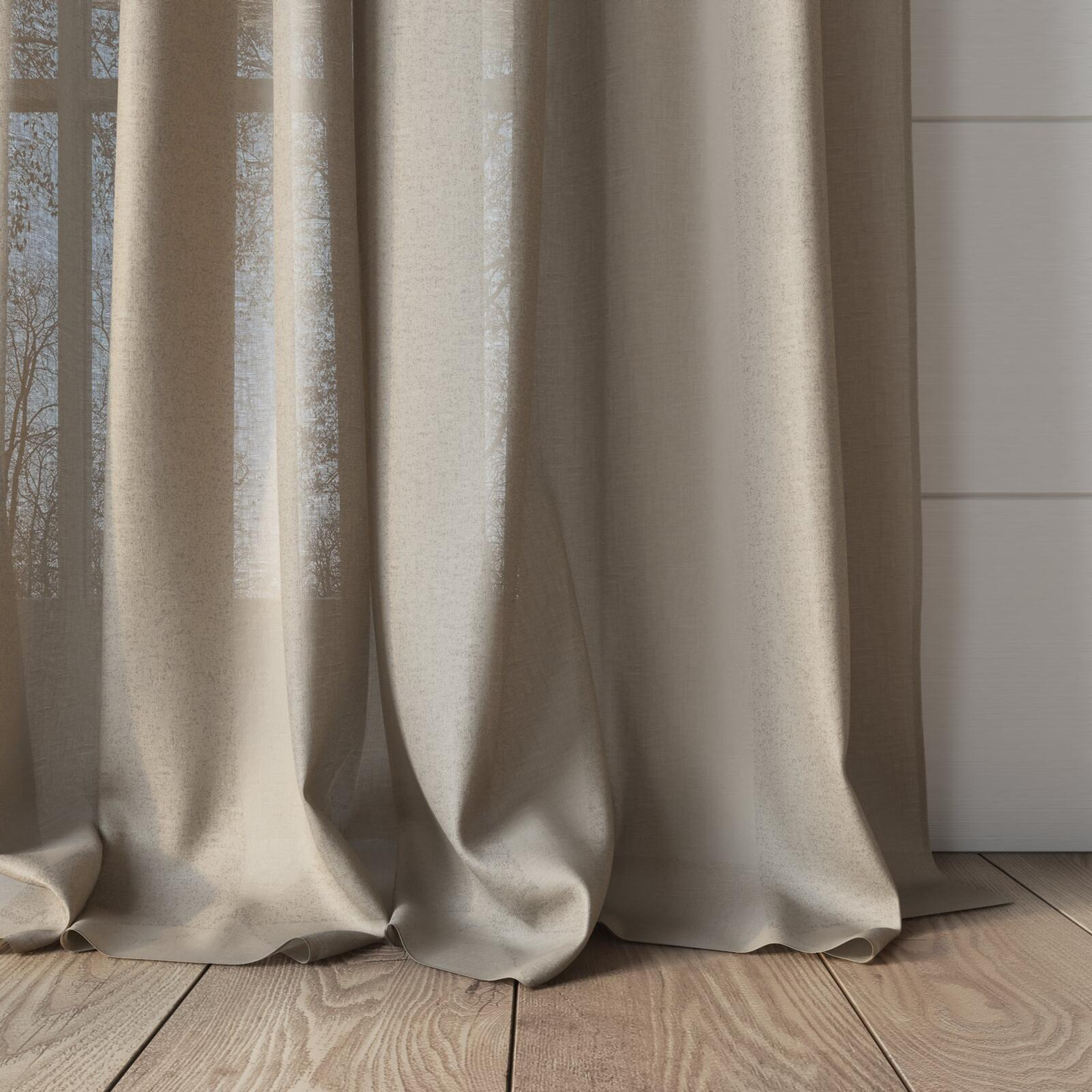 Bottom view of Wategos Linen, puddled, on curtain rod