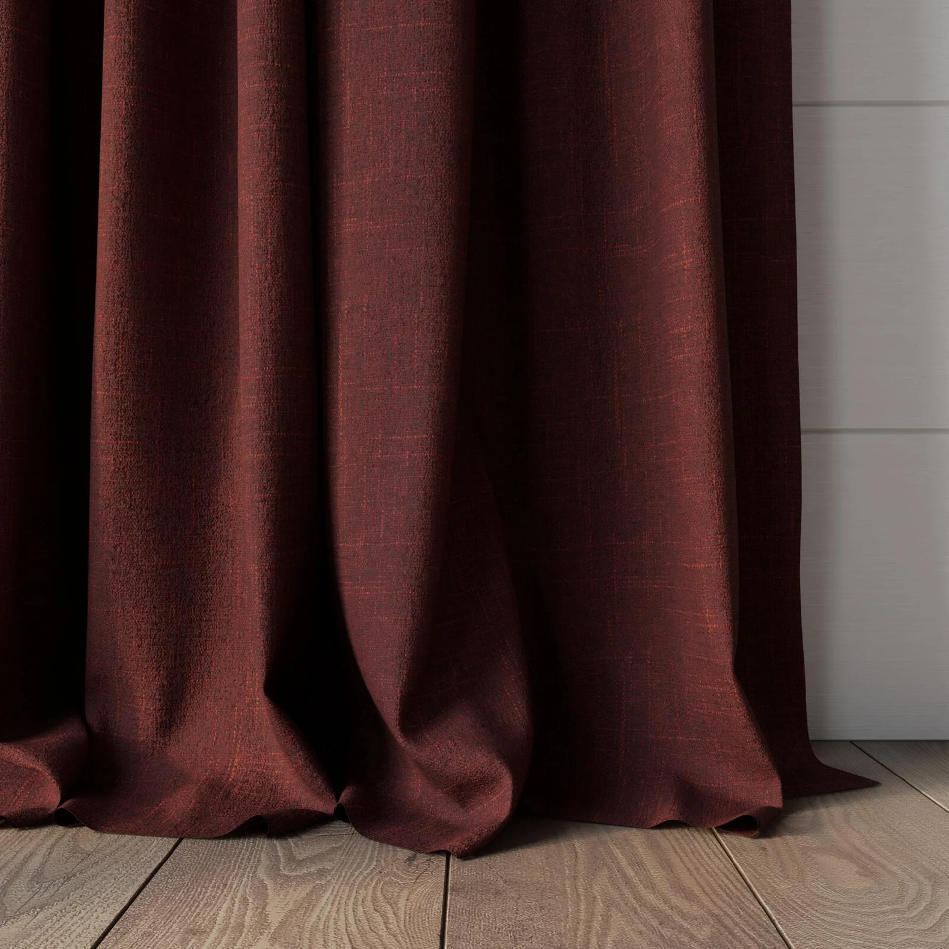 Bottom view of Cavalry Crimson, puddled, on curtain rod
