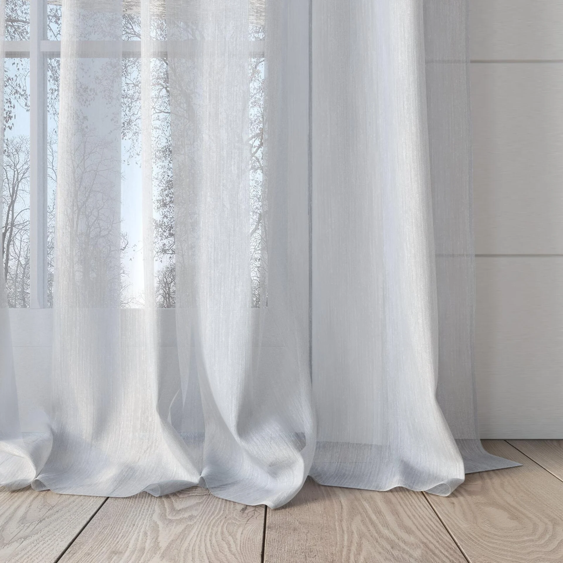Bottom view of Stratus Chalk, puddled, on curtain rod