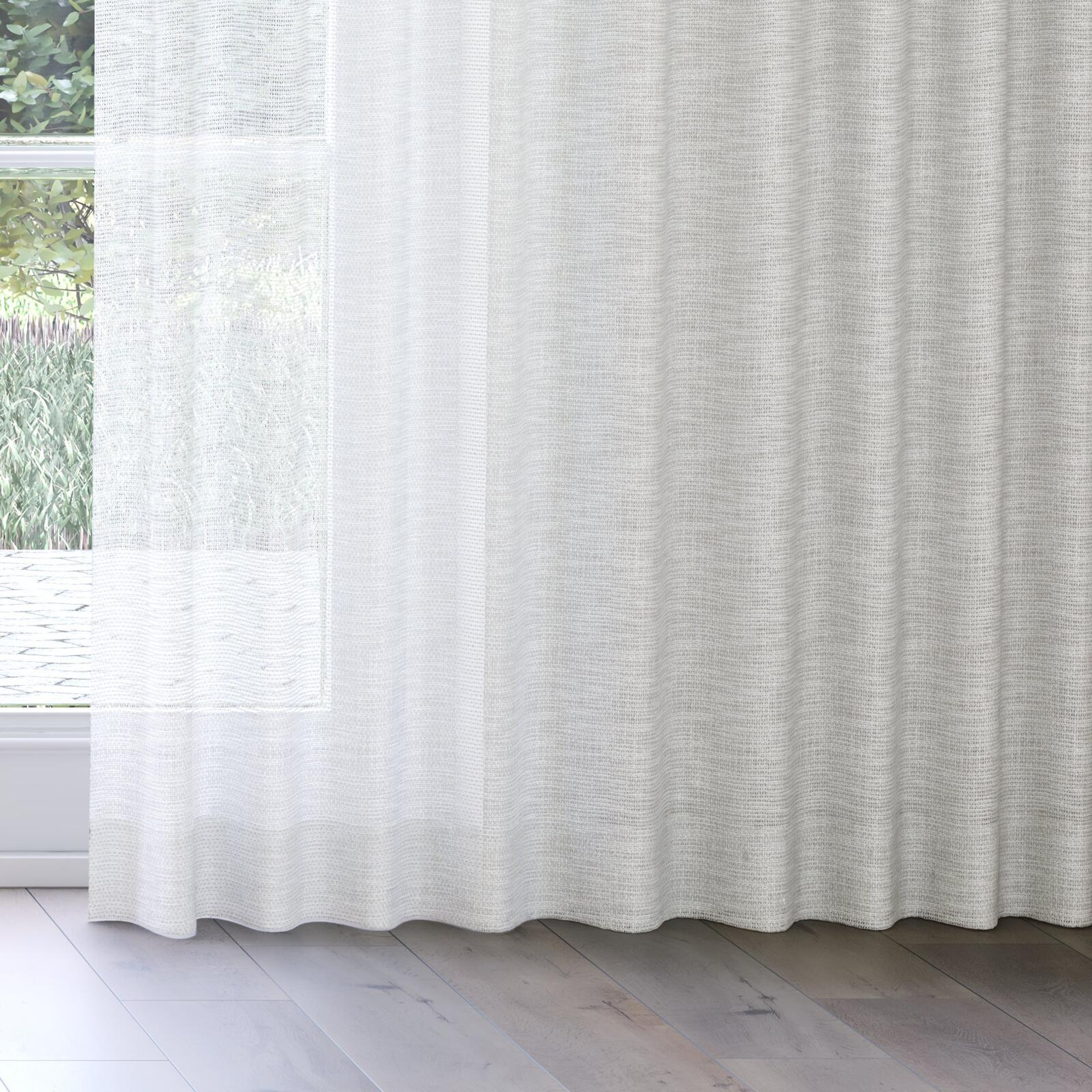 Bottom view of Threaded Taupe, on curtain rail