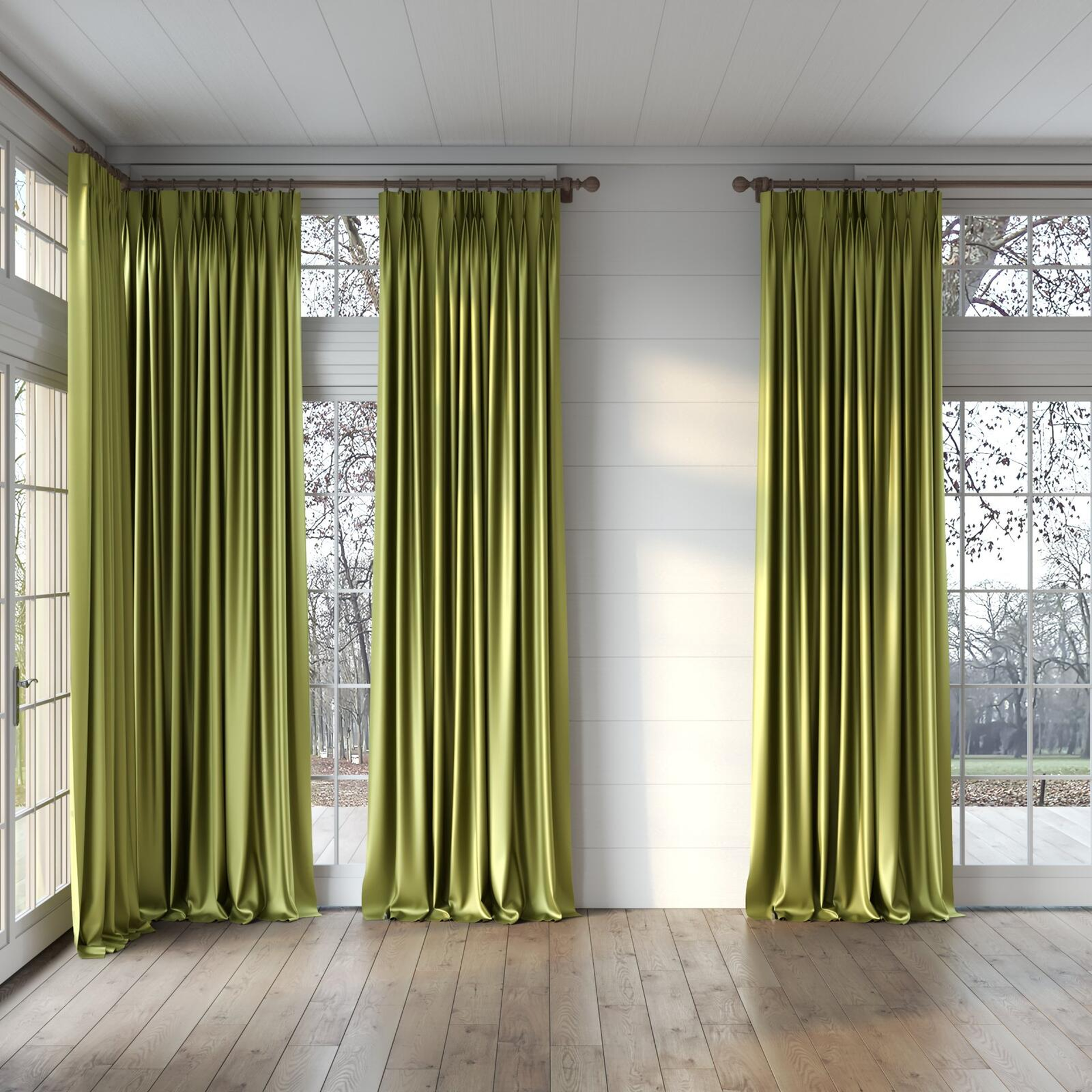 Full view of Moonbeam Beechnut, puddled, on curtain rod