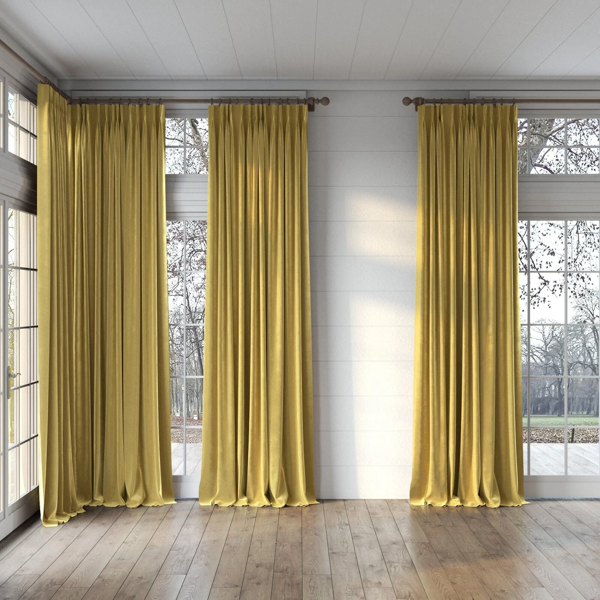 Full view of Velvelux Gold, puddled, on curtain rod