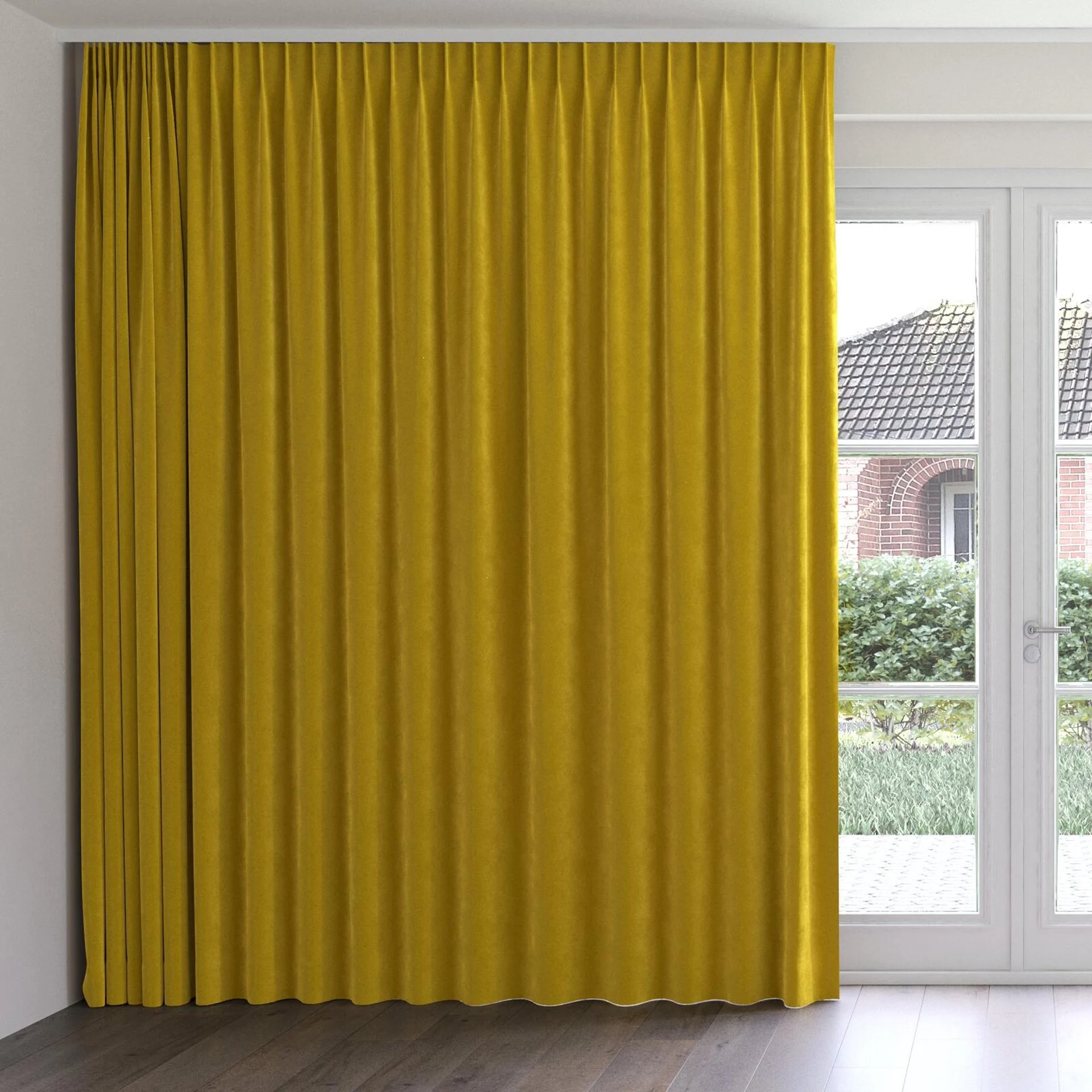Front view of Lux Velvet Honey 8206, on curtain rail