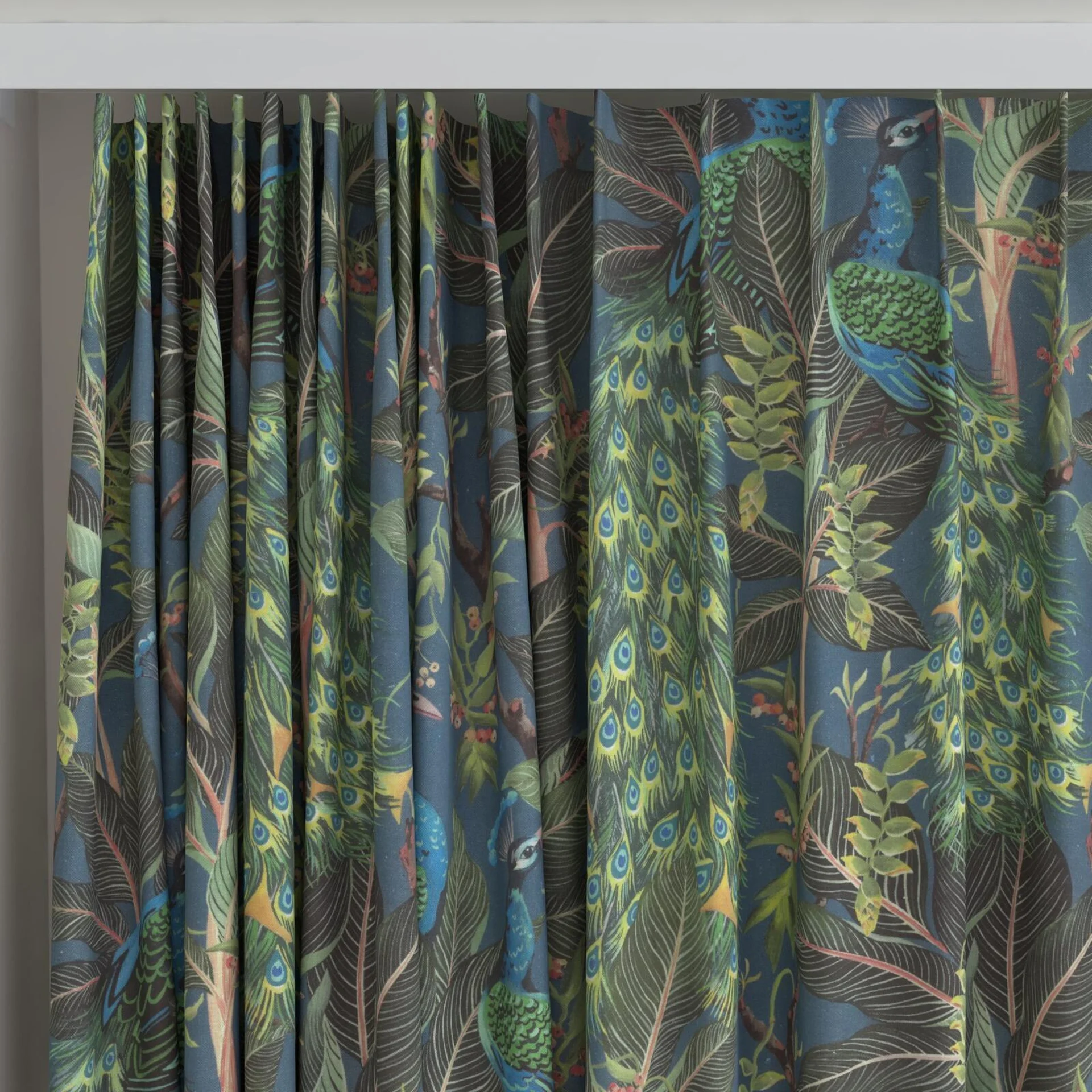 Top view of Royal Peacock Midnight, on curtain rail