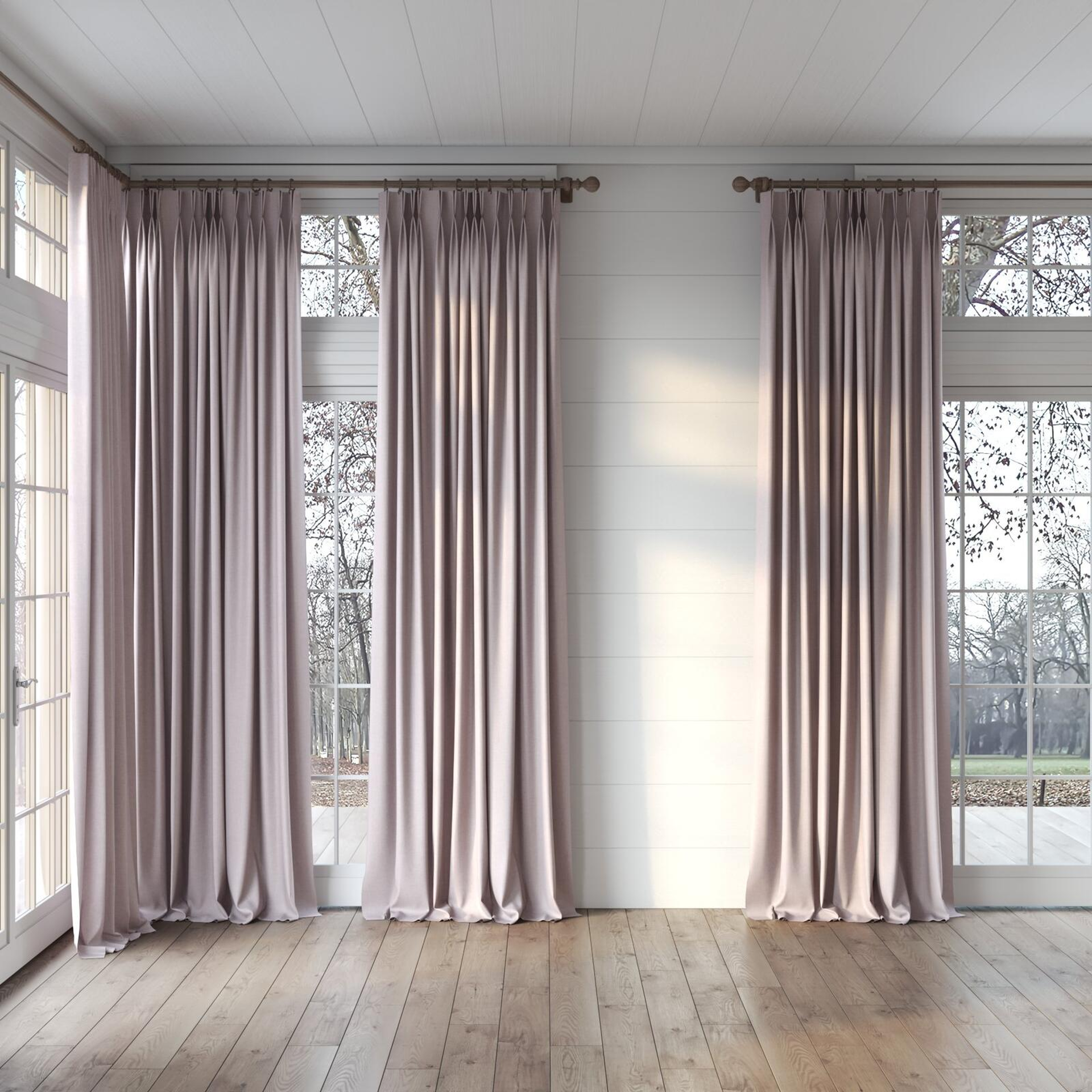 Full view of Cushy Crystal, puddled, on curtain rod