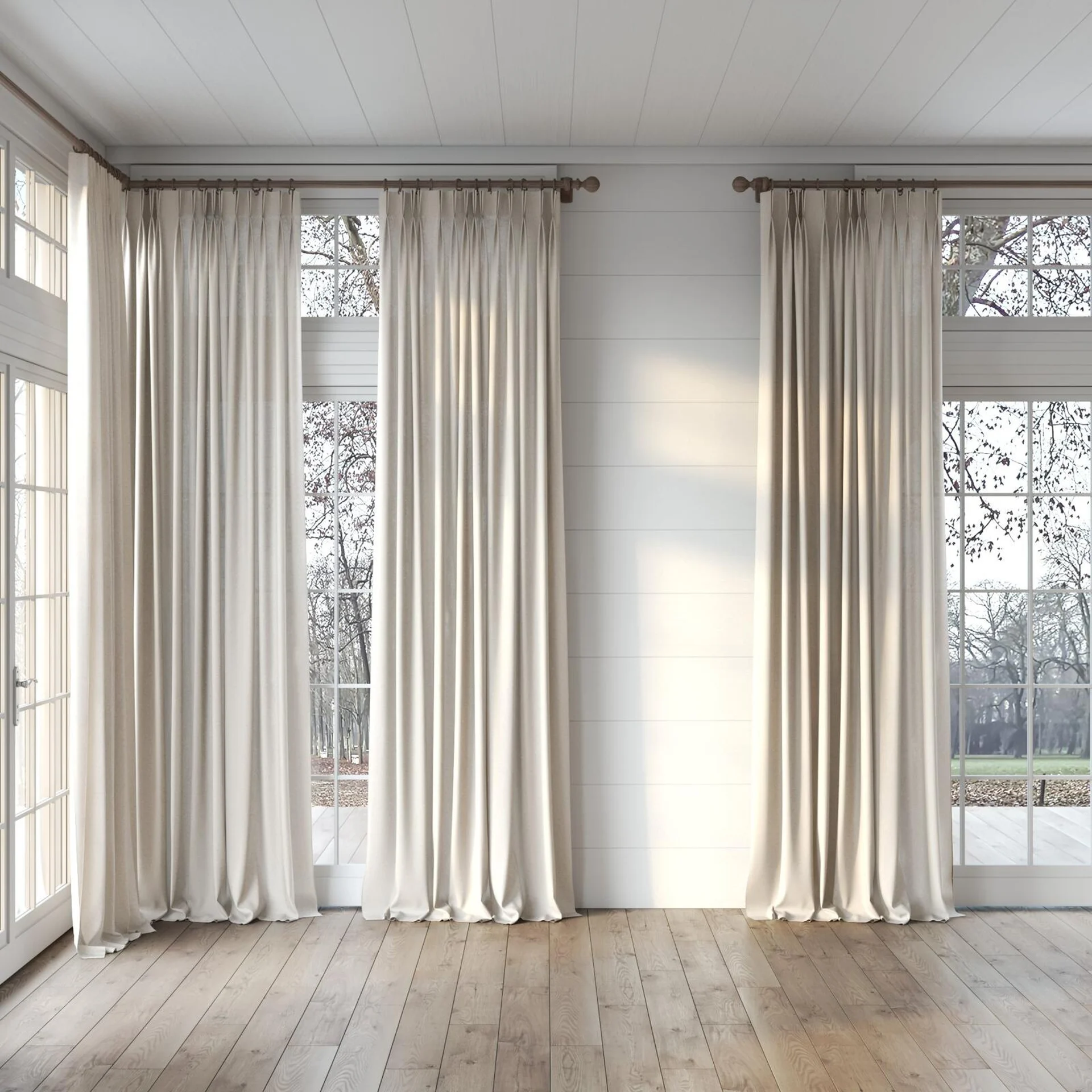 Full view of Envoy 2 Almond 320cm, puddled, on curtain rod