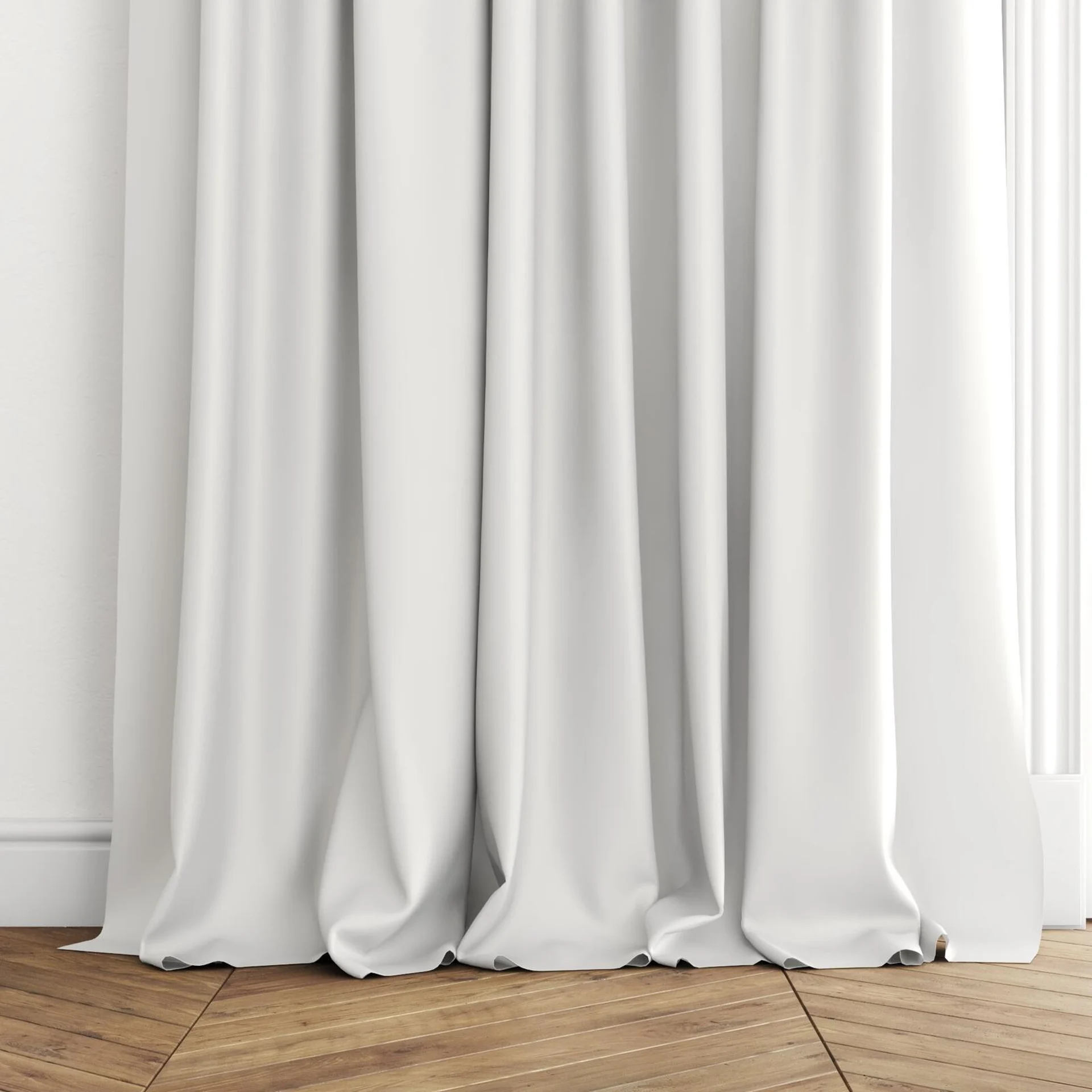 Bottom view of Optima Ecru, puddled with pinch pleat, on curtain rod