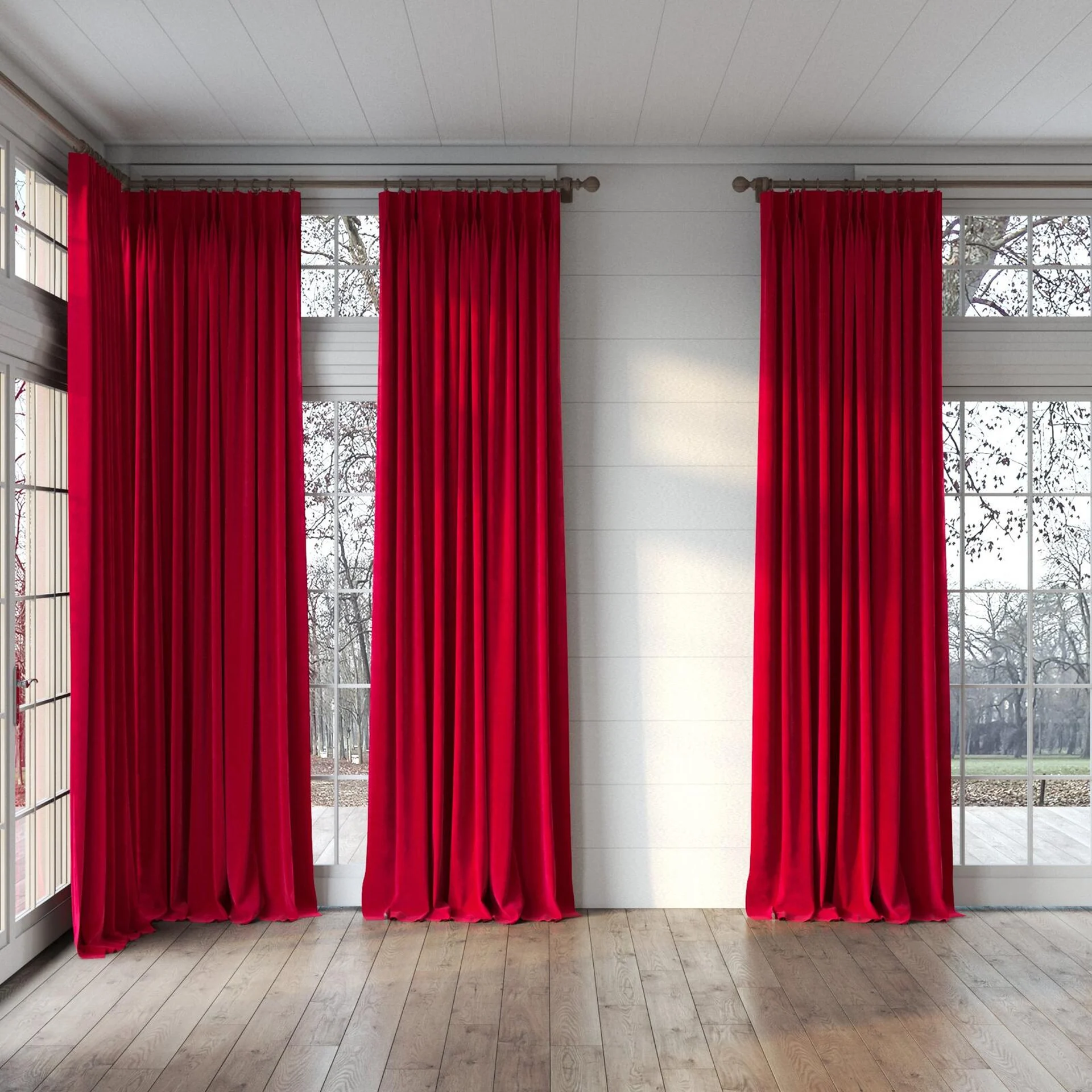Full view of Lux Velvet Crimson 8605, puddled, on curtain rod