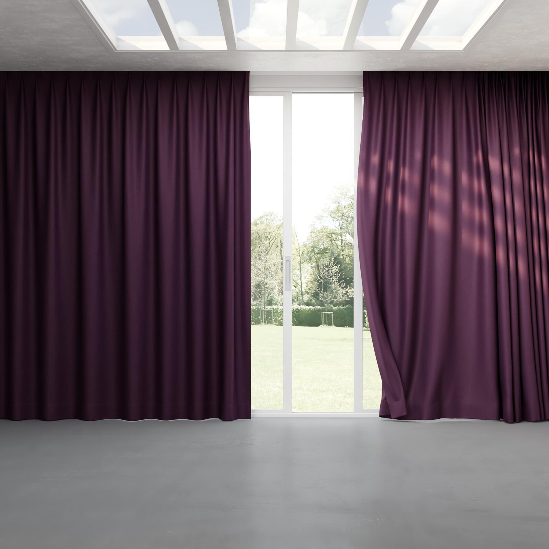 Full view of Woolly/Woolen Aubergine, pinch pleat