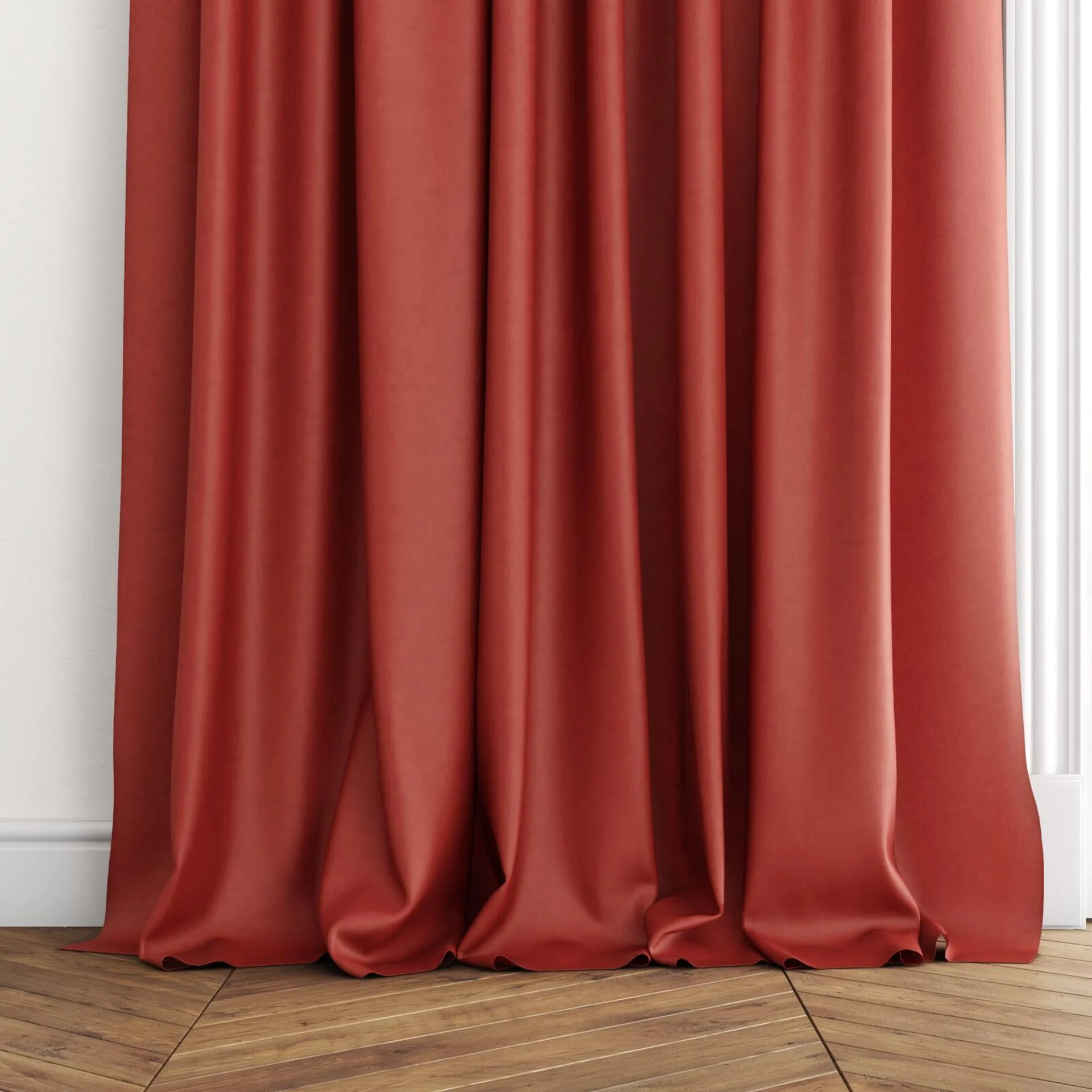 Bottom view of Flo II Bordeaux, puddled with pinch pleat, on curtain rod