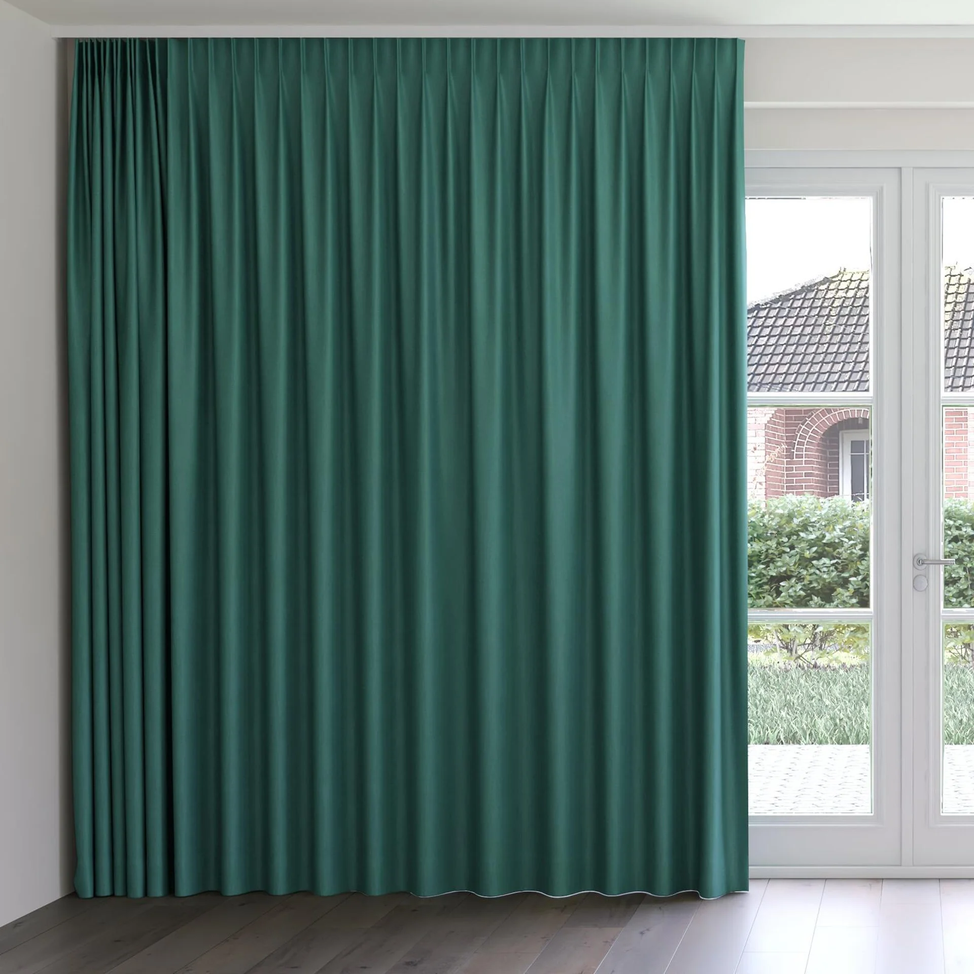 Front view of Kidglove Emerald, on curtain rail