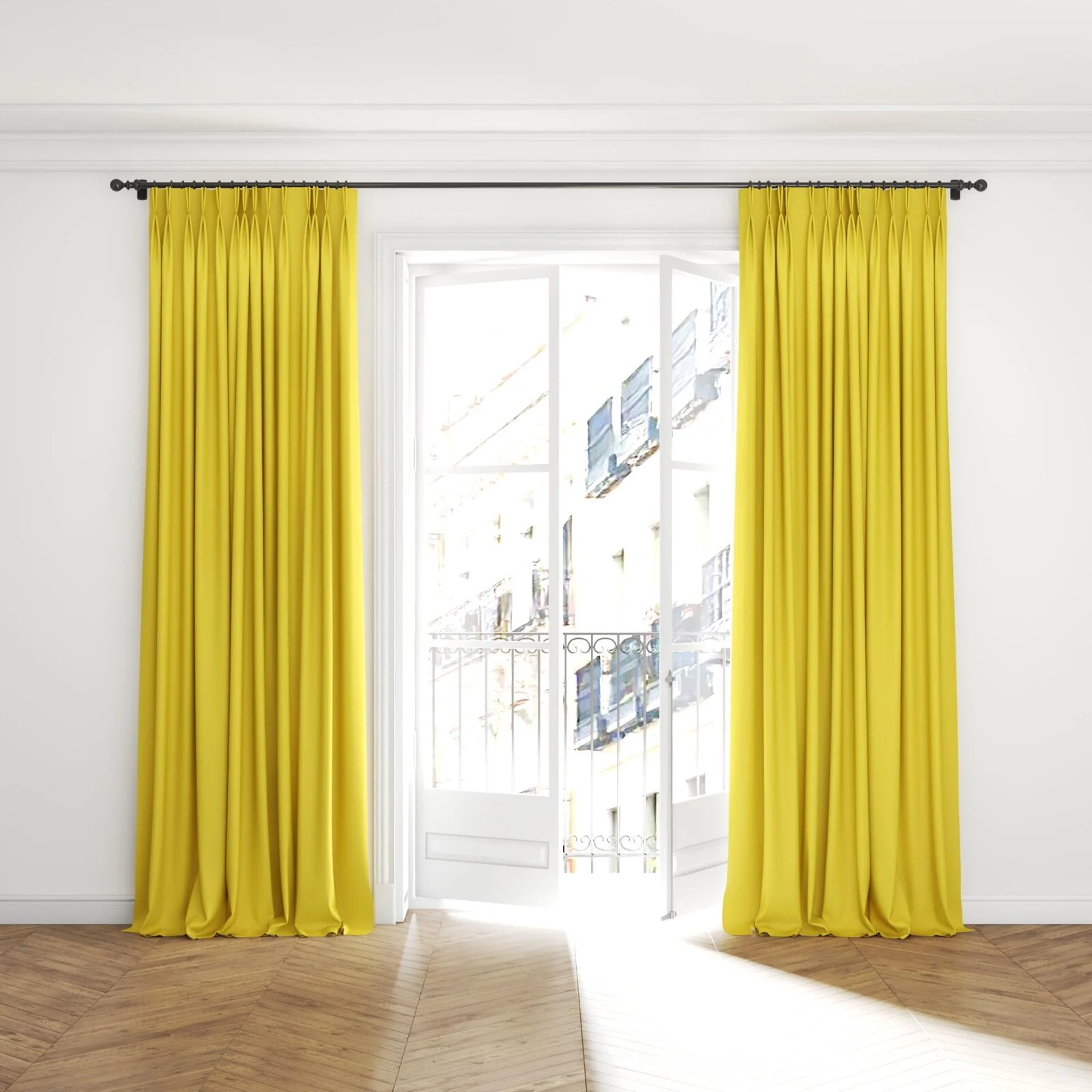 Full view of Blockbuster Buttercup, puddled with pinch pleat, on curtain rod