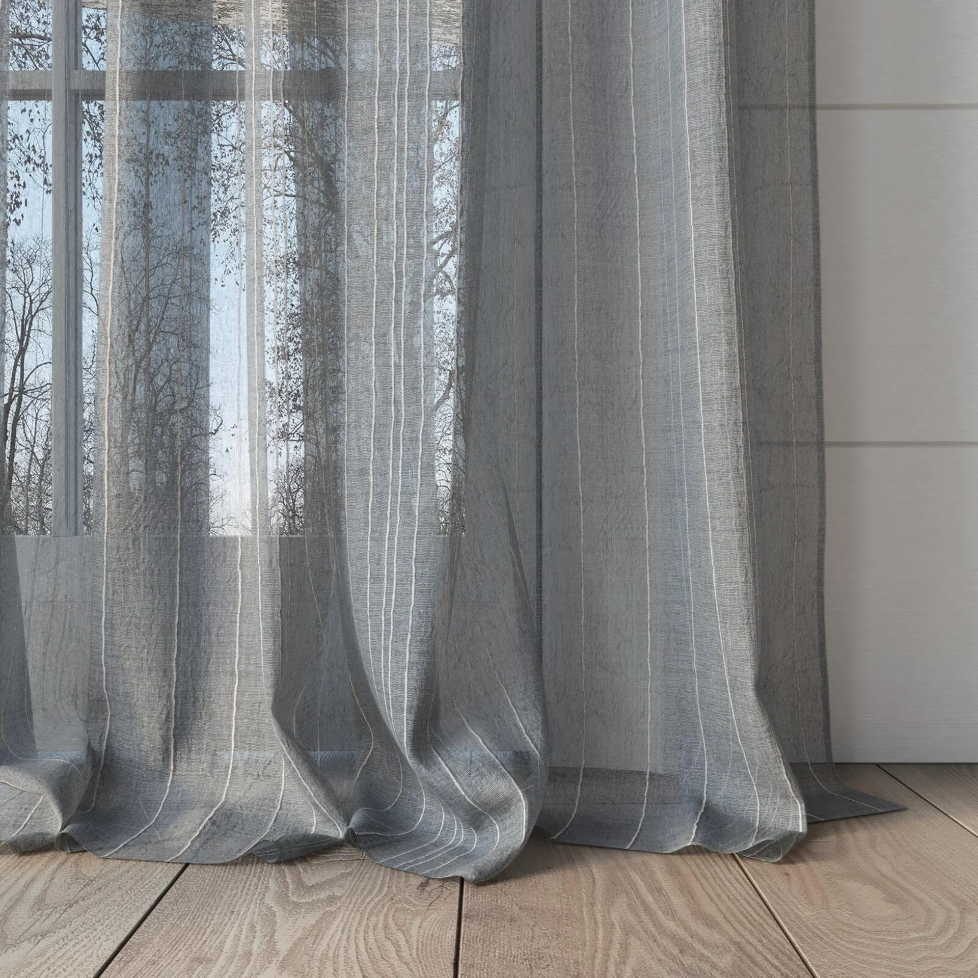 Bottom view of Mira Shadow, puddled, on curtain rod