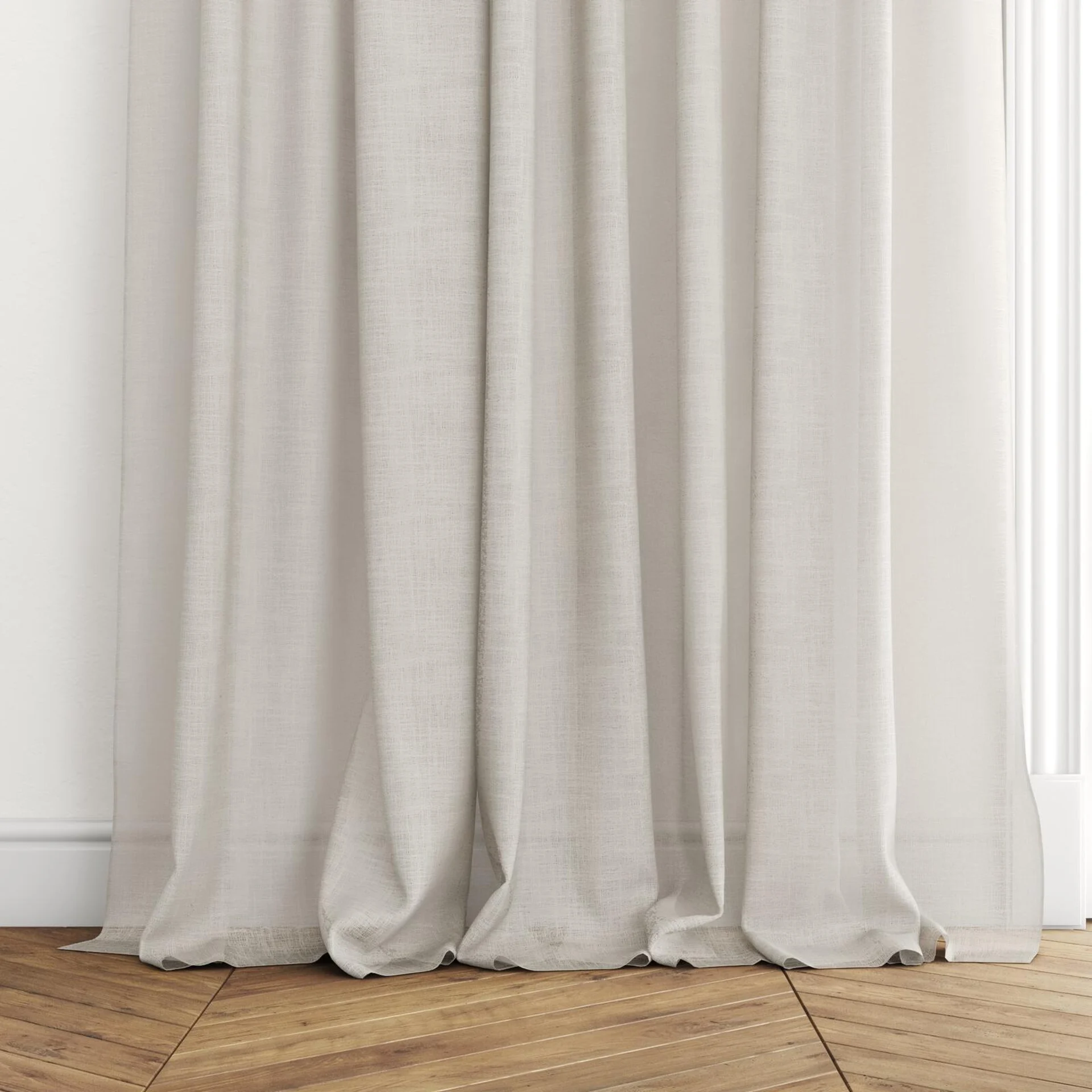 Bottom view of Verdant Oyster, puddled with pinch pleat, on curtain rod