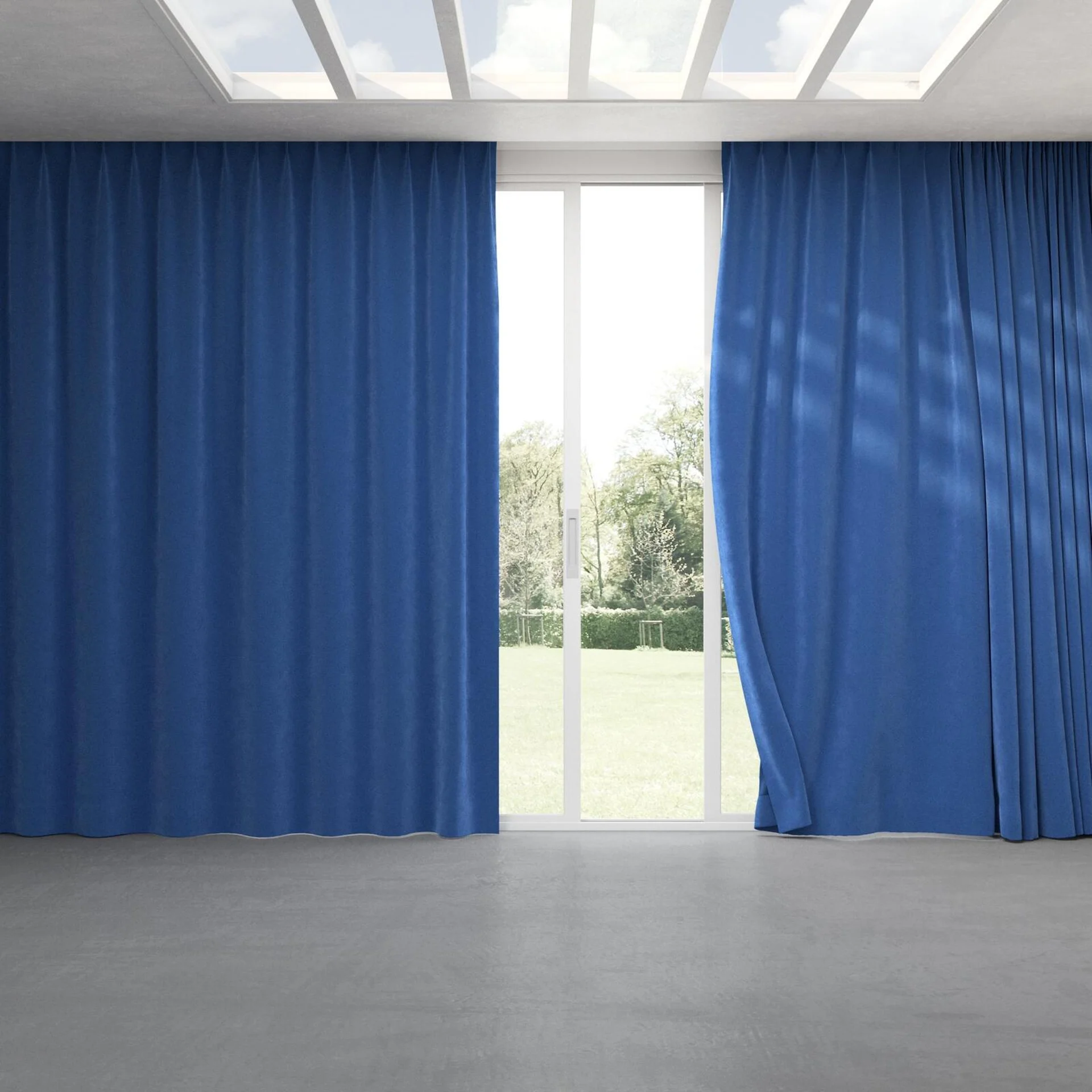 Full view of Lux Velvet Blue 8807, pinch pleat