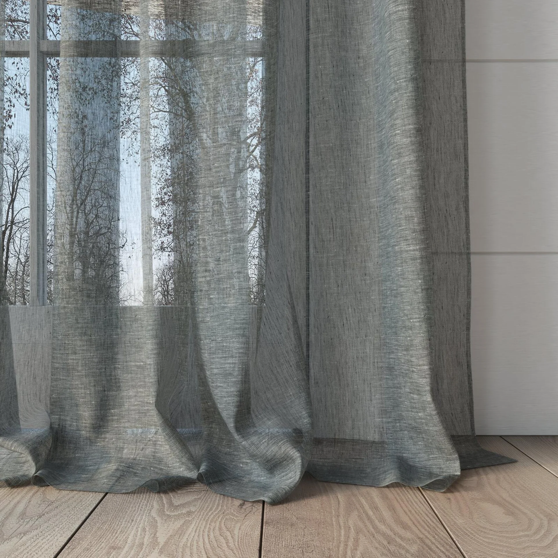 Bottom view of Pure Linen Liquorice, puddled, on curtain rod