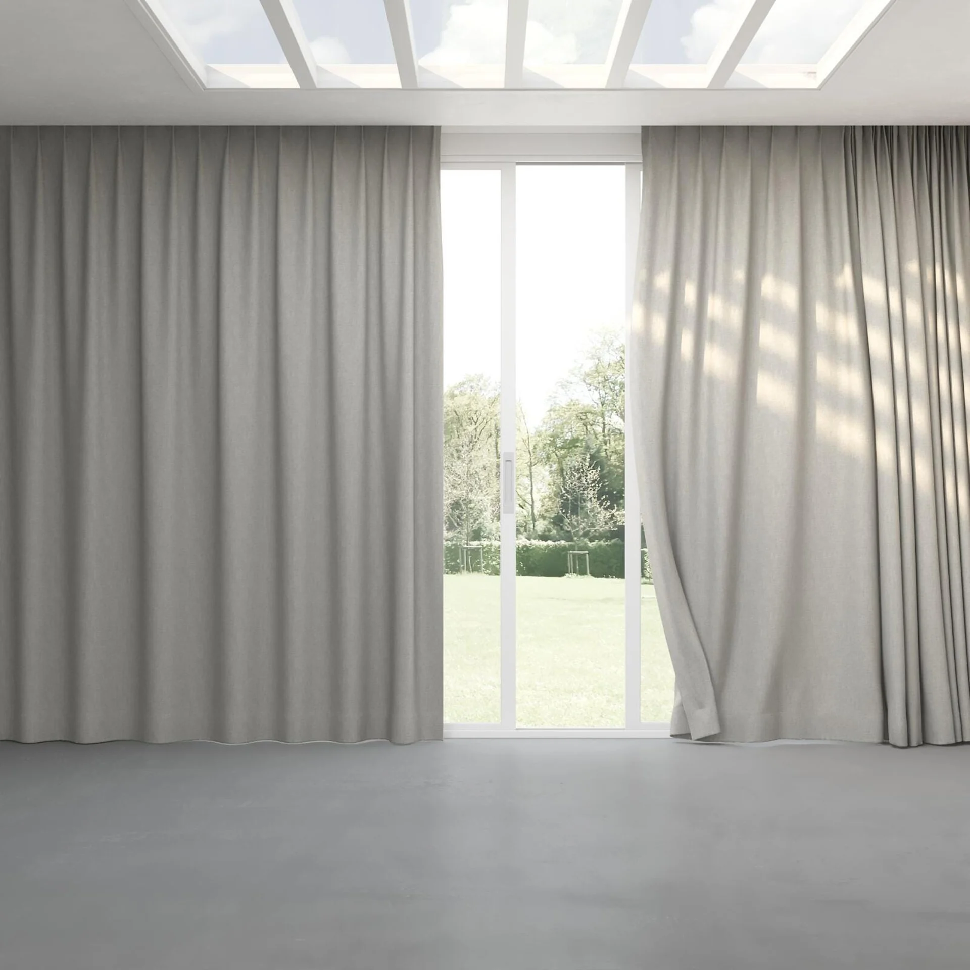 Full view of Retreat II Cement, pinch pleat