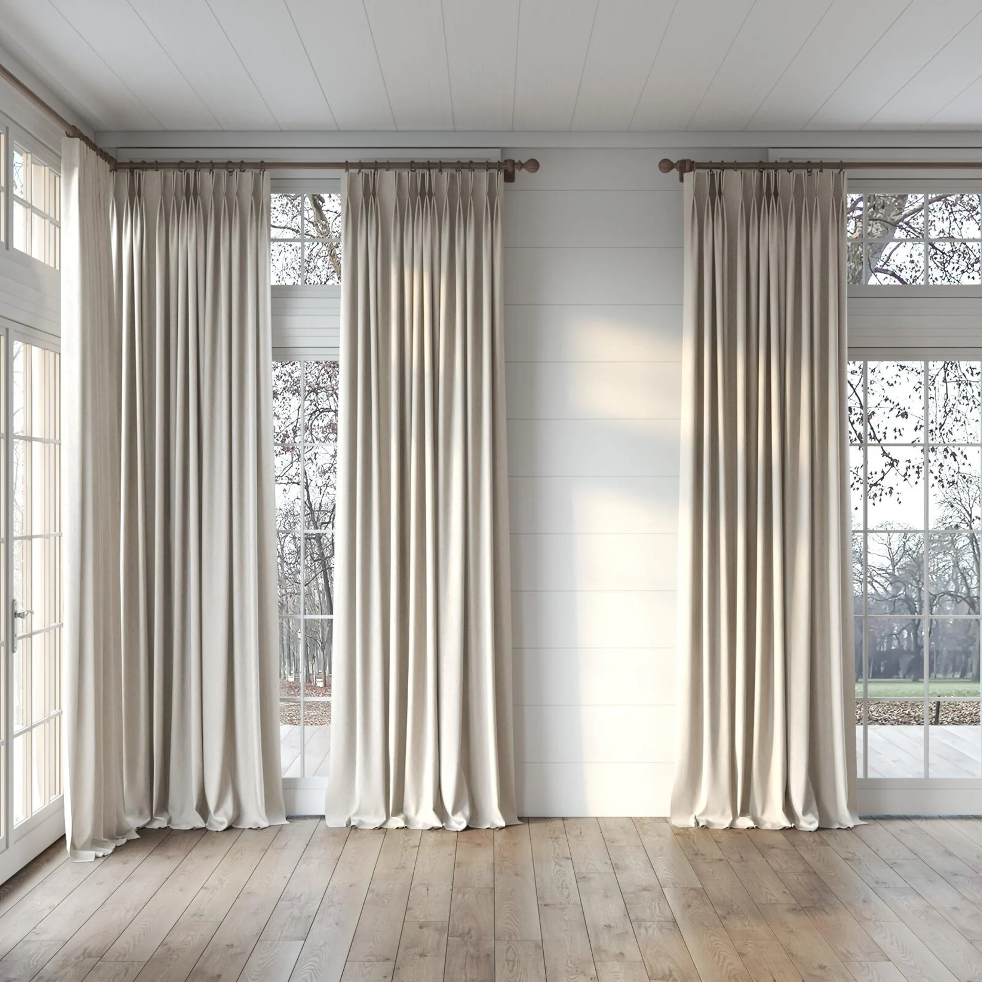Full view of Modus Sand, puddled, on curtain rod
