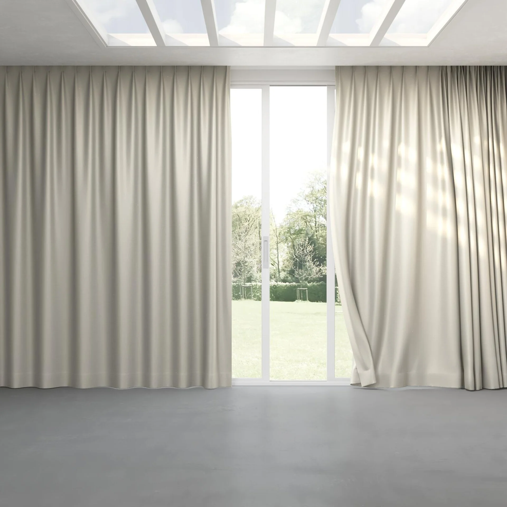 Full view of Kennedy II Blackout Ecru, pinch pleat